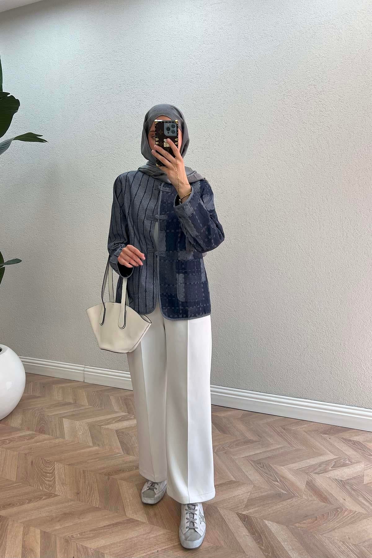 Denim Dokulu Ceket Lacivert