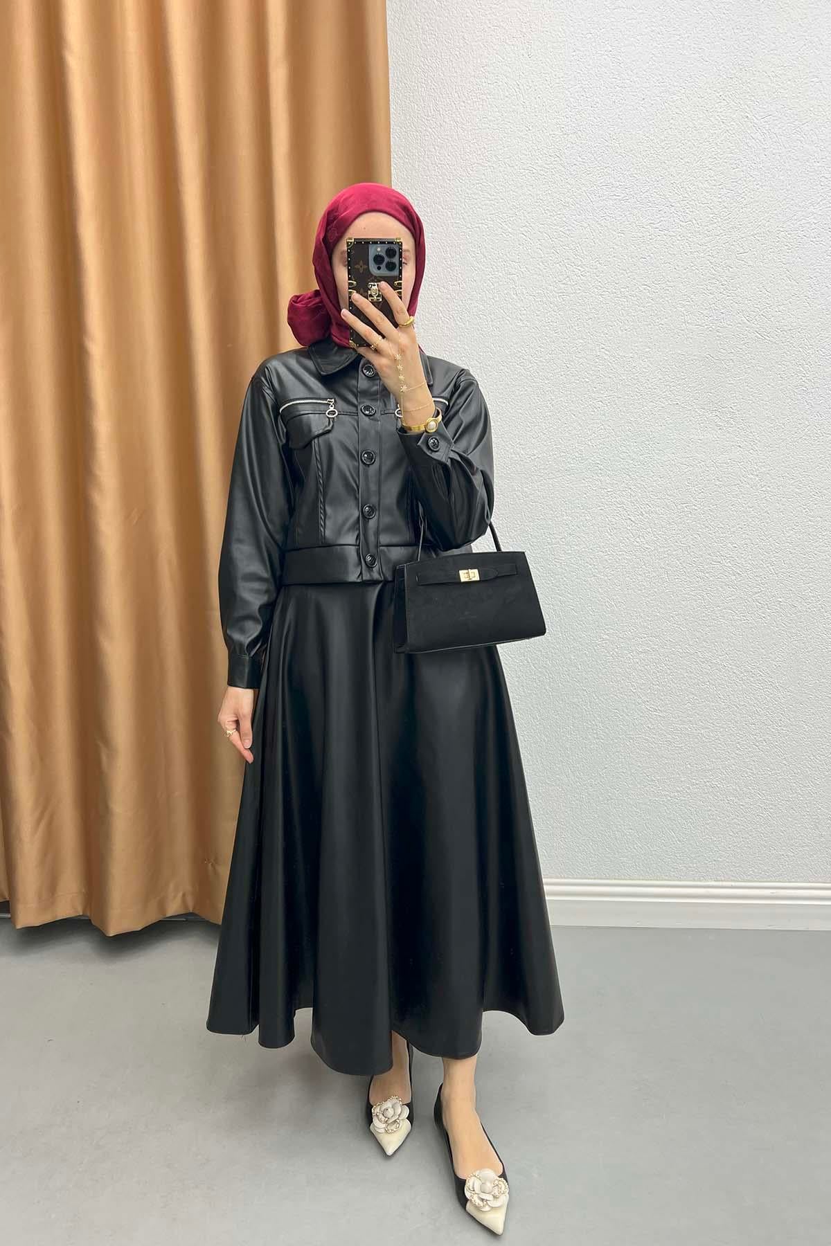 Deri Crop Etek Takım Siyah
