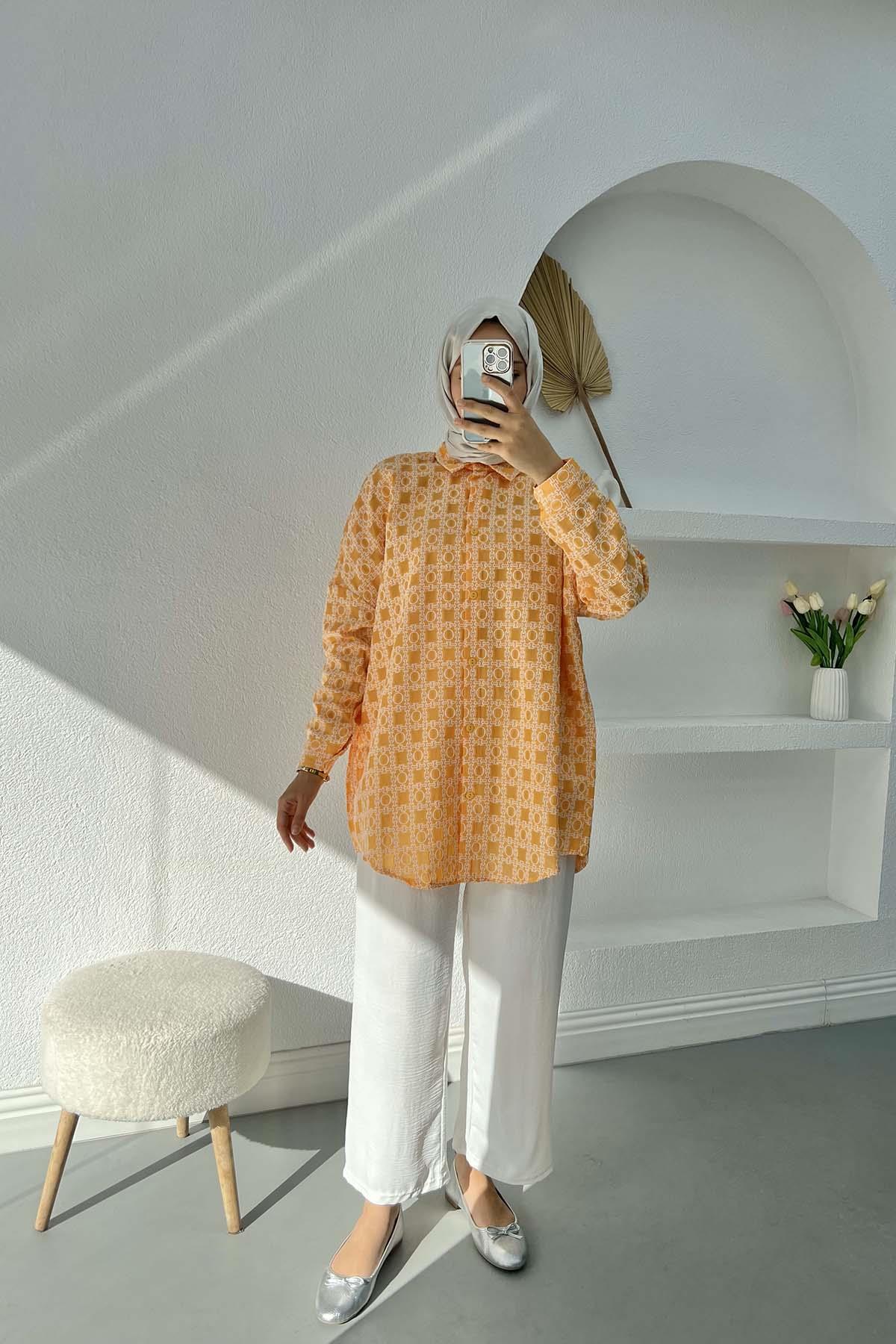 Desen İşlemeli Oversize Gömlek Hardal