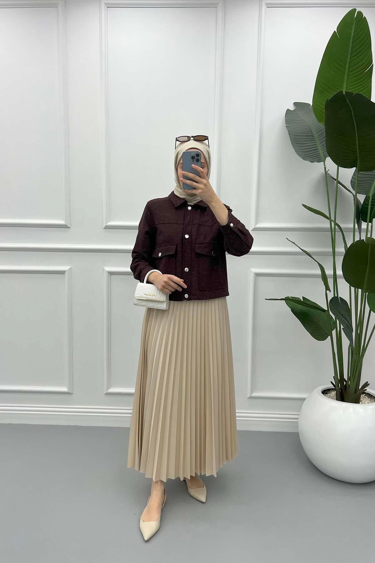 Desenli Crop Ceket Bordo