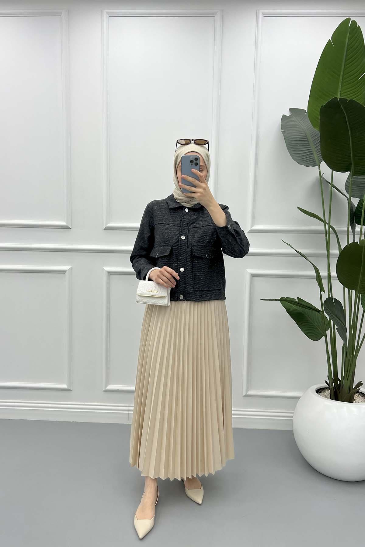 Desenli Crop Ceket Siyah