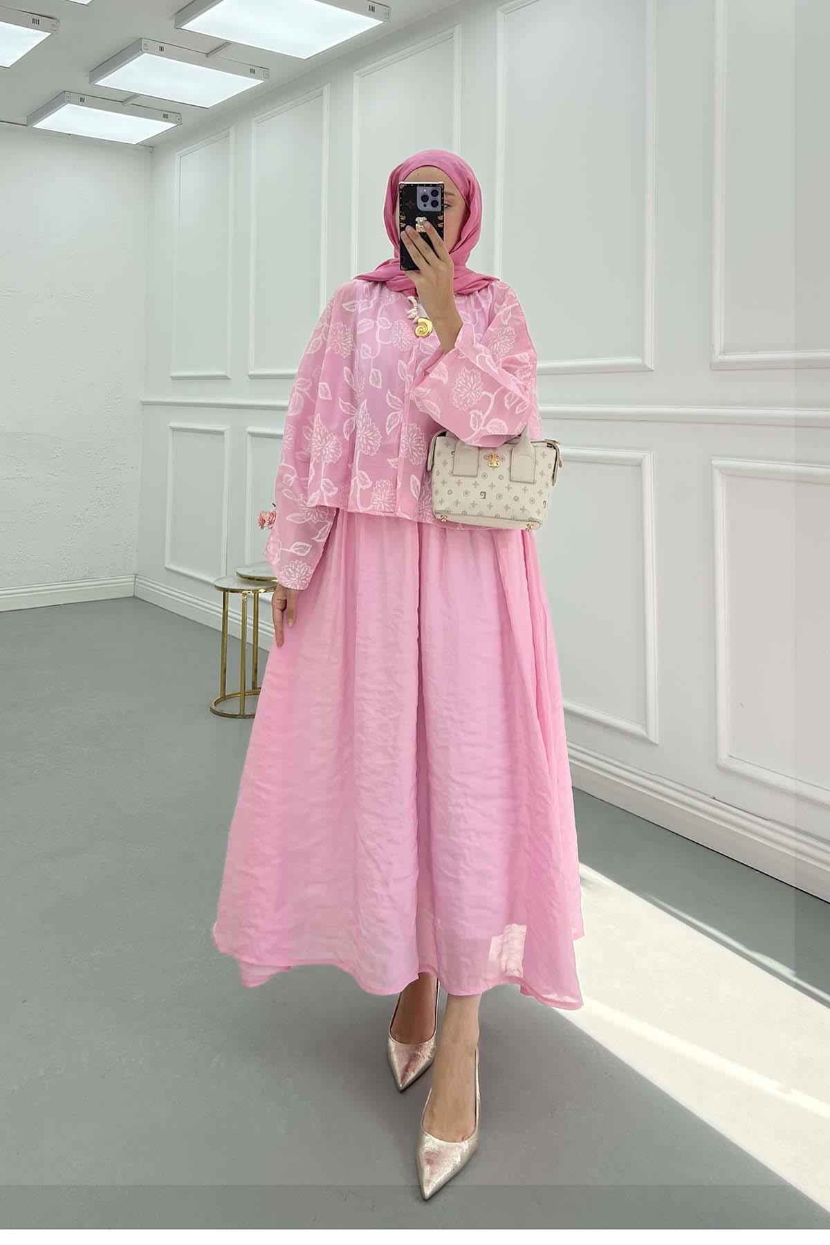 Desenli Crop Takım Pembe