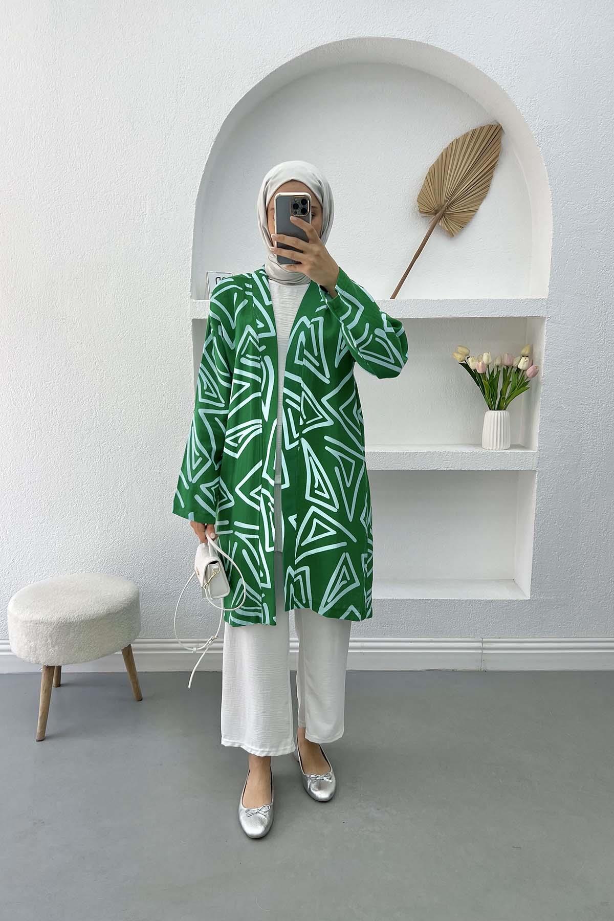 Desenli Keten Kimono Benetton Yeşil