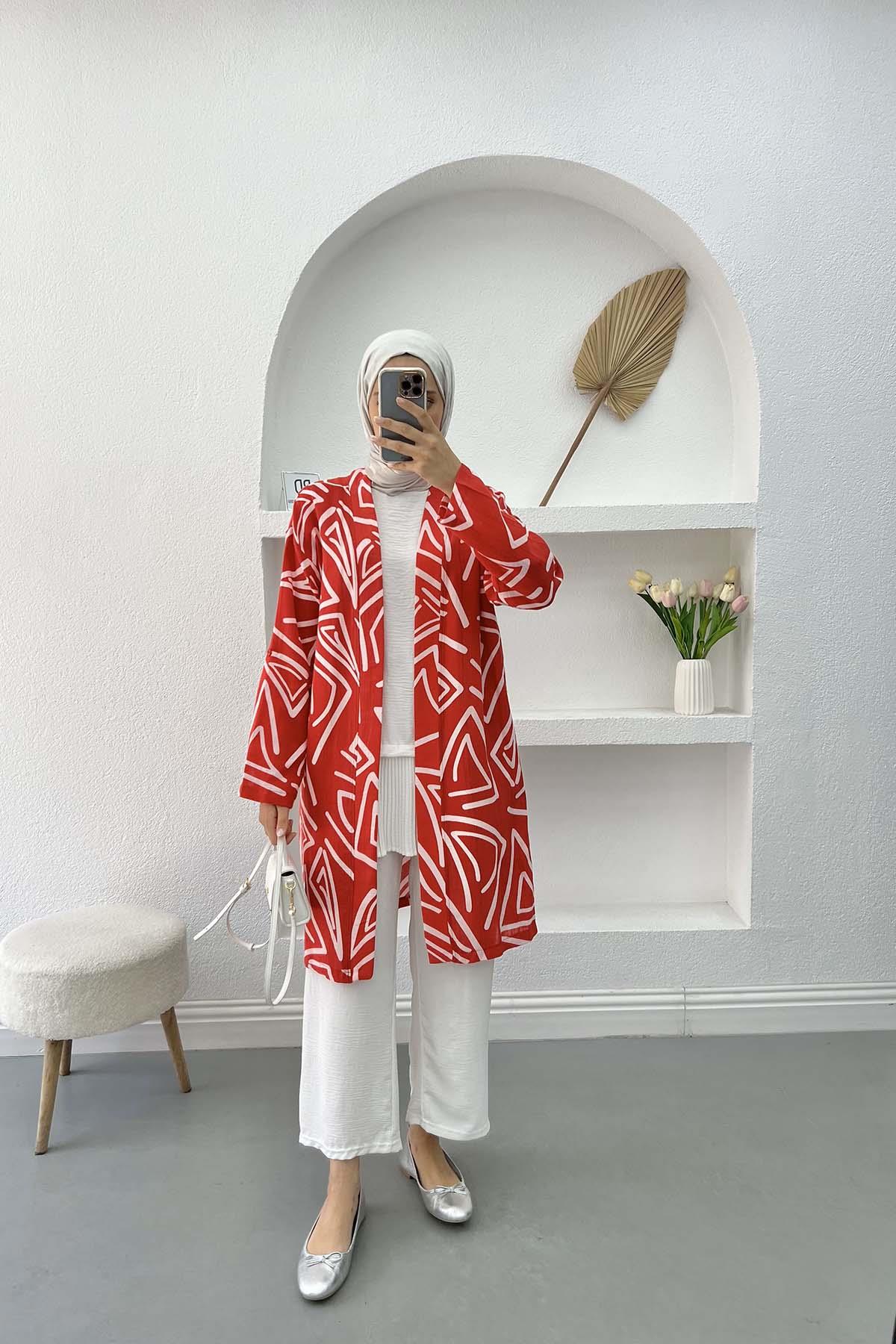 Desenli Keten Kimono Kırmızı