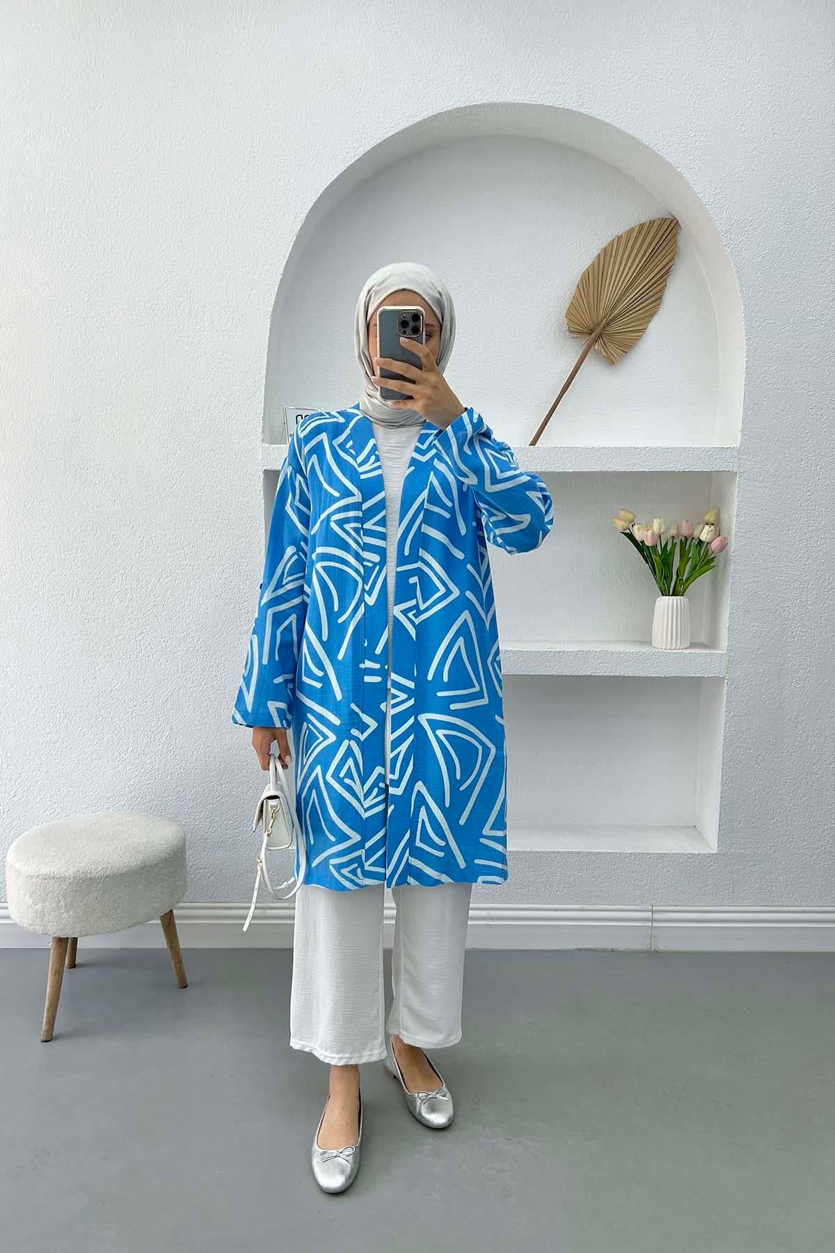 Desenli Keten Kimono Mavi