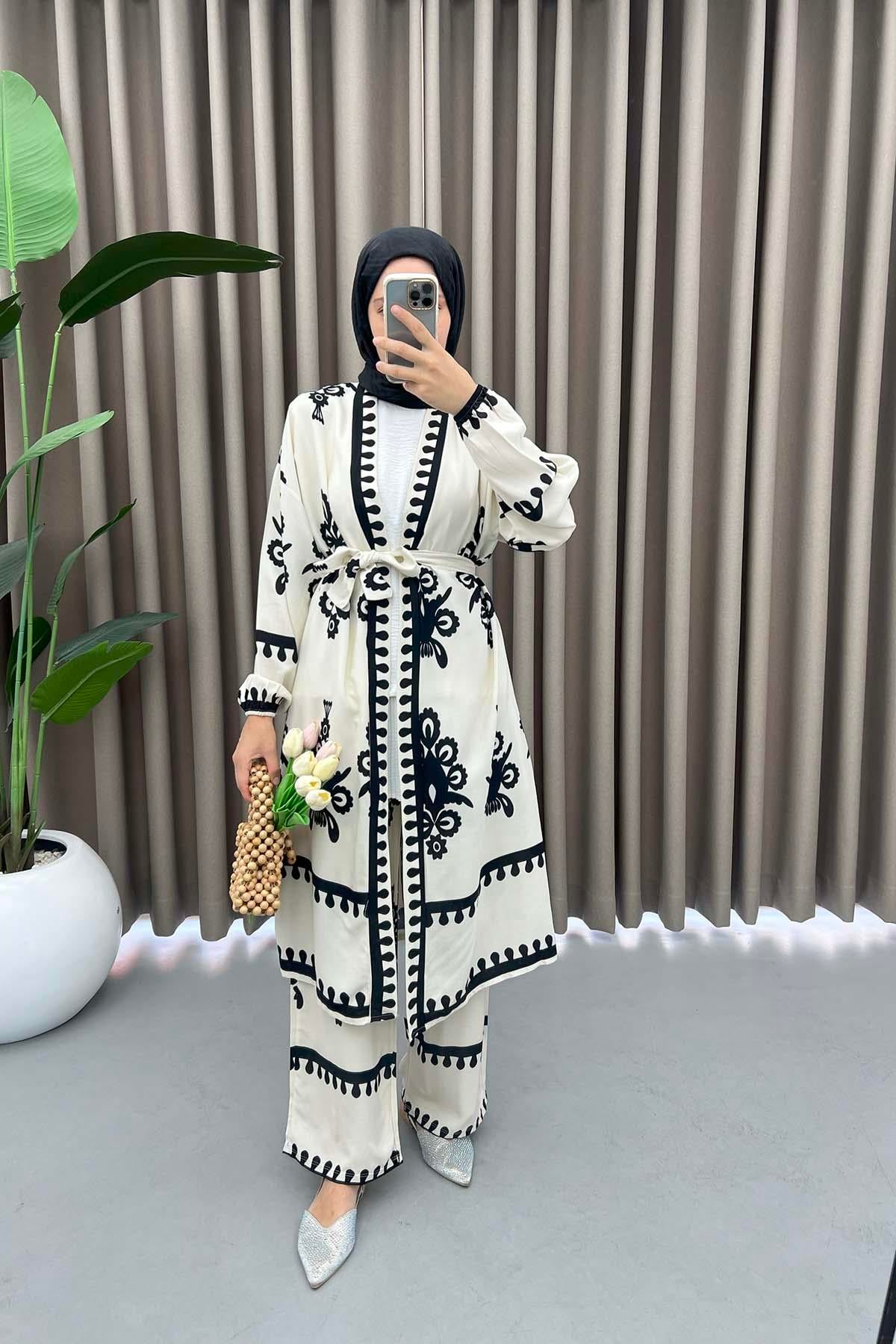 Desenli Kimono Takım Beyaz