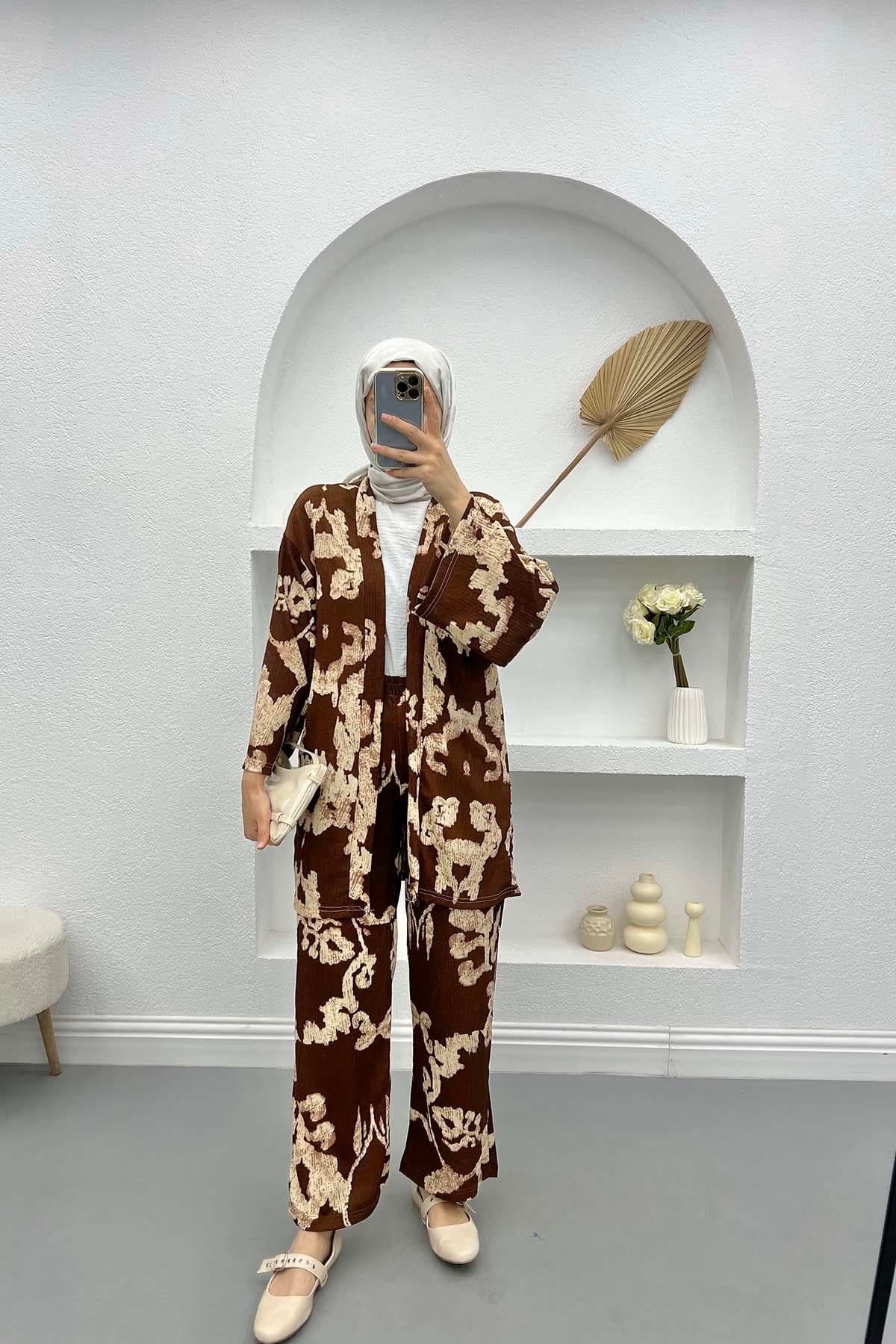 Desenli Kimono Takım Kahve