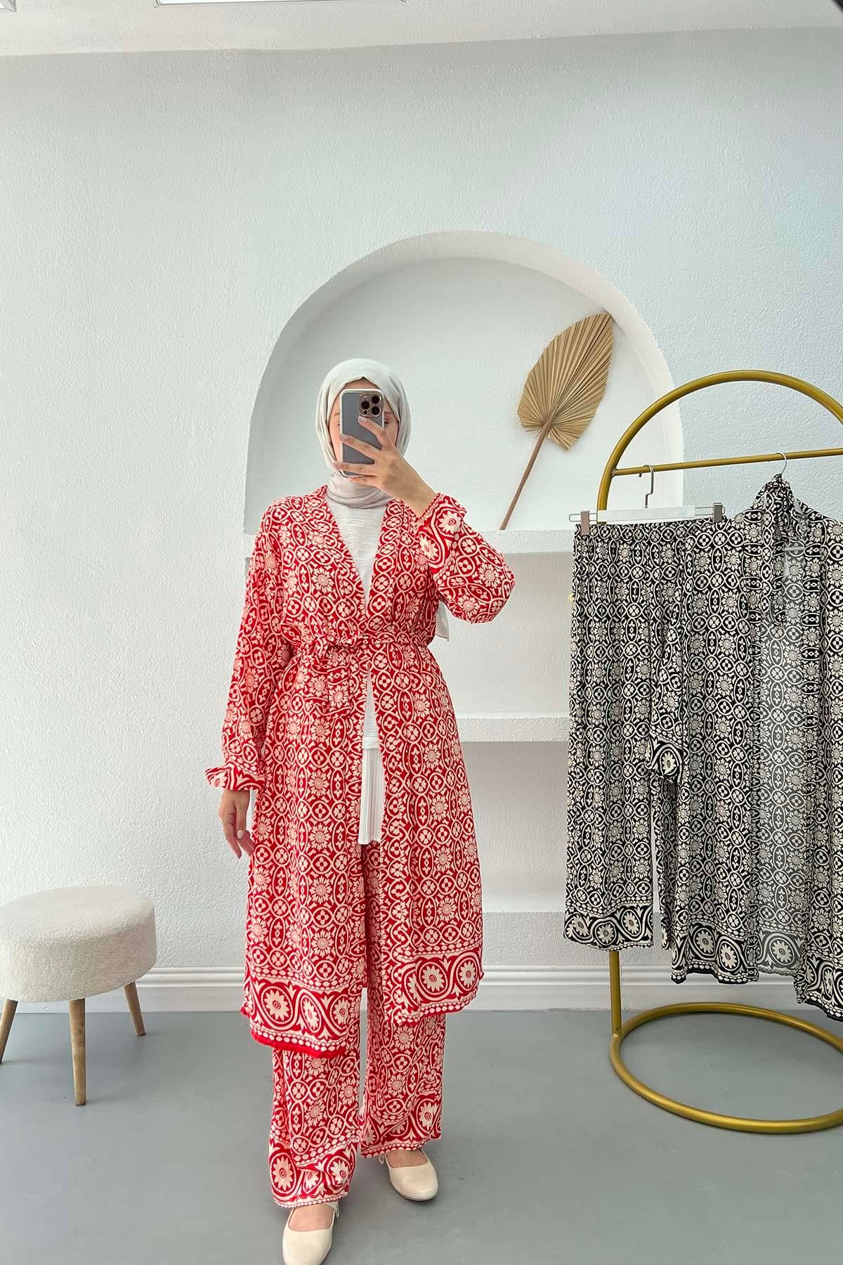 Desenli Kimono Takım Kırmızı