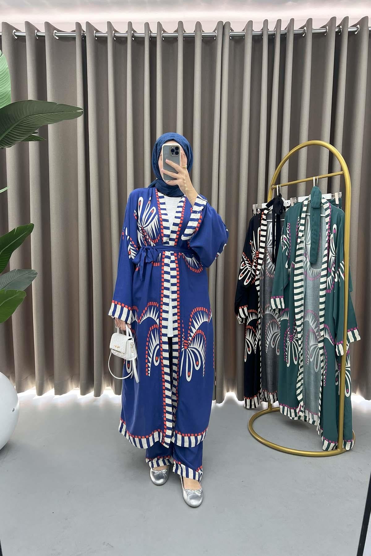 Desenli Kimono Takım Lacivert