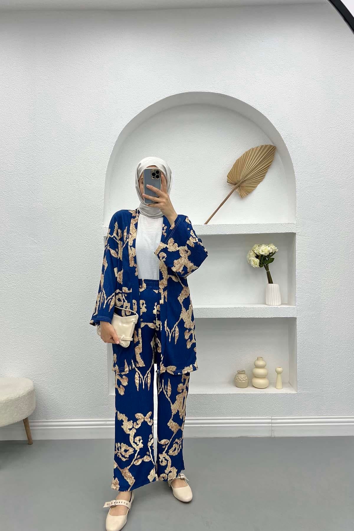 Desenli Kimono Takım Lacivert