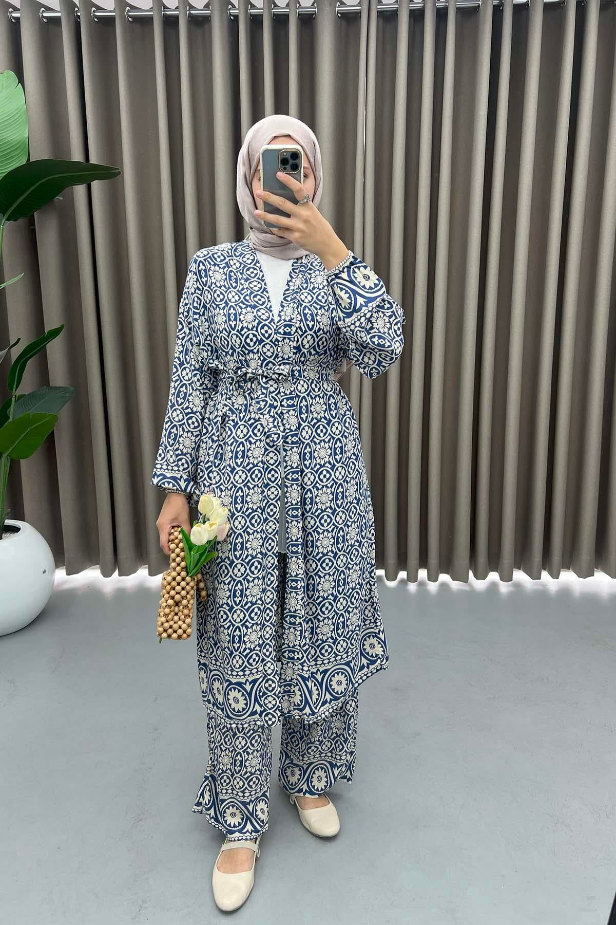 Desenli Kimono Takım Lacivert