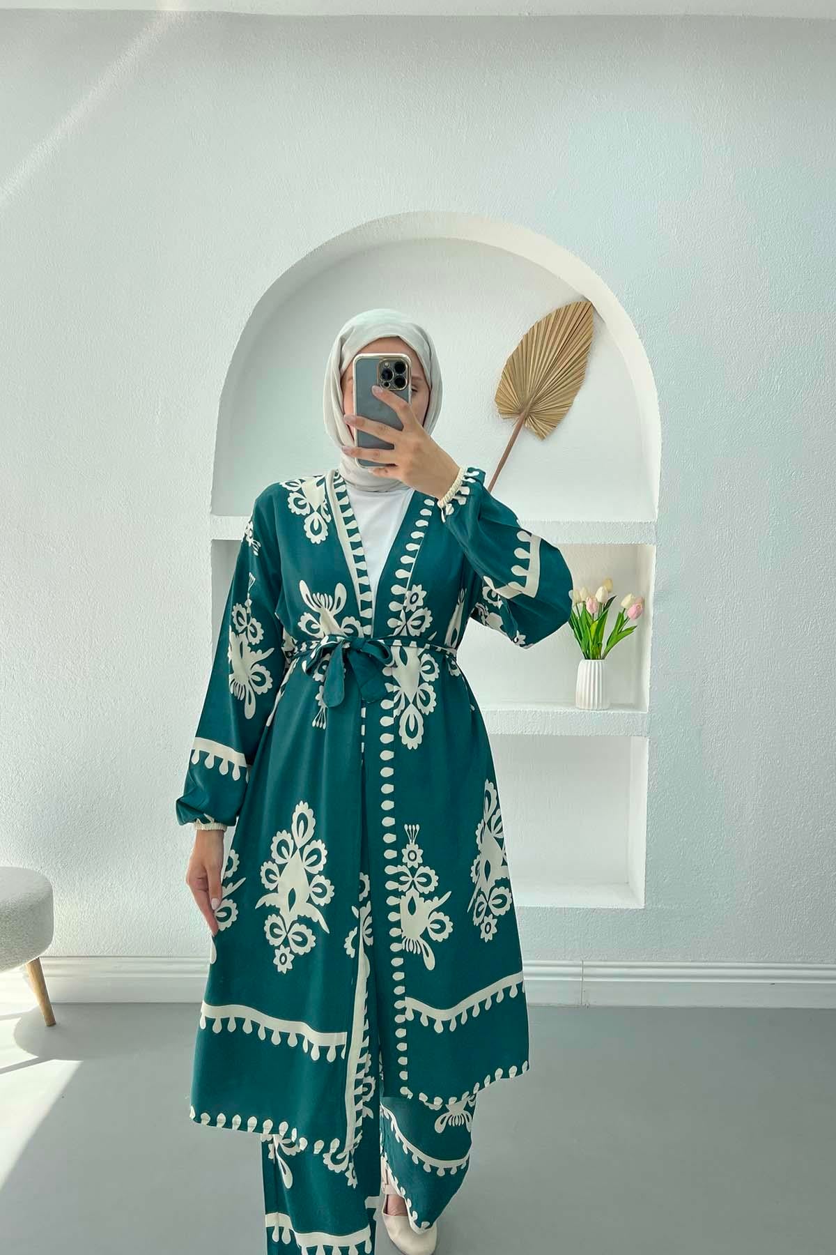 Desenli Kimono Takım Petrol Yeşili