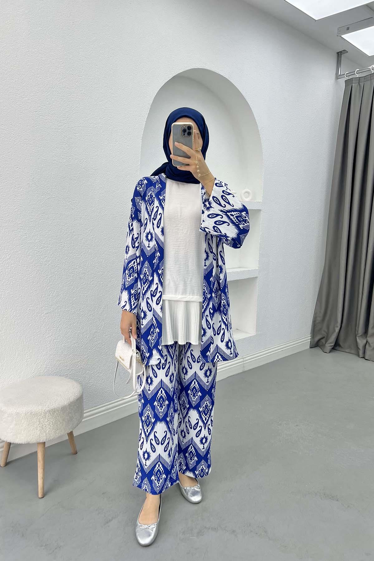 Desenli Kimono Takım Saks Mavi