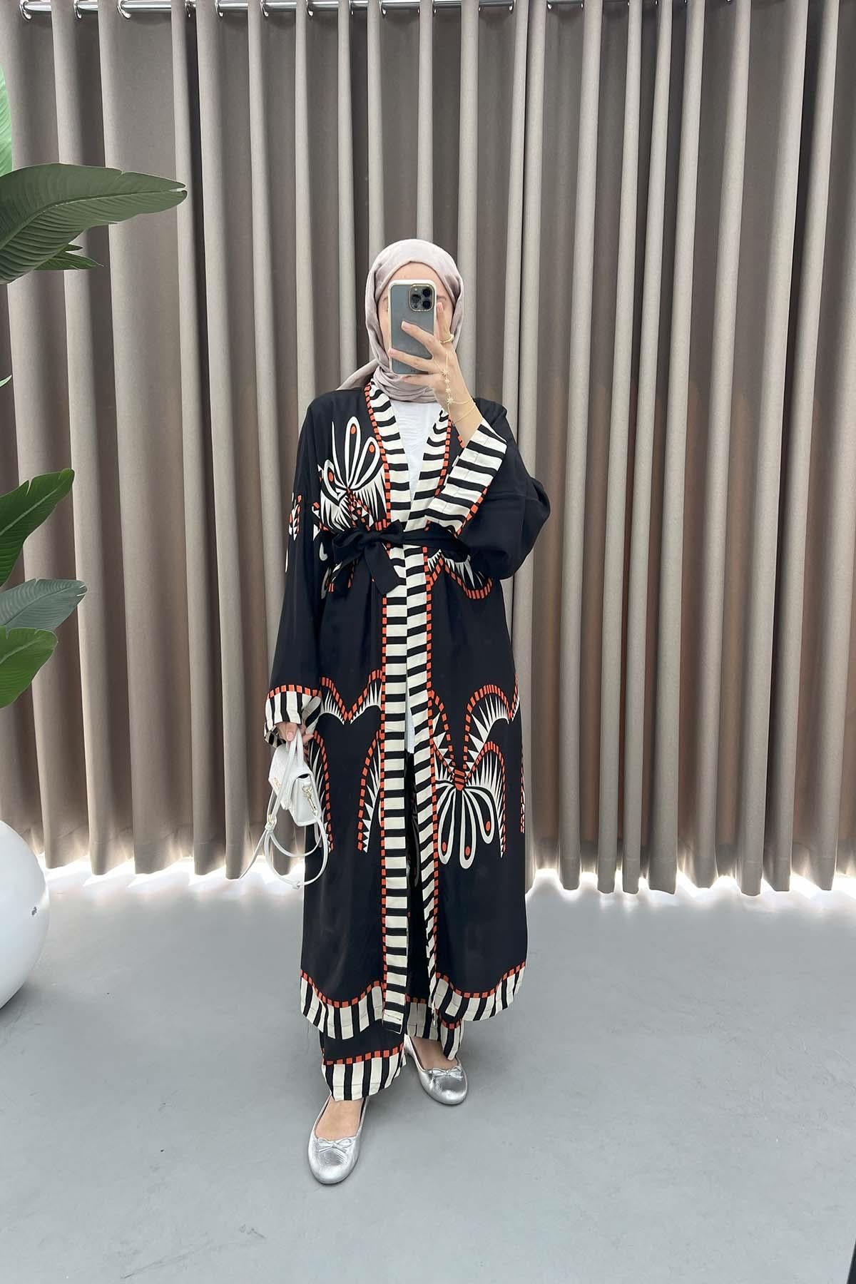 Desenli Kimono Takım Siyah