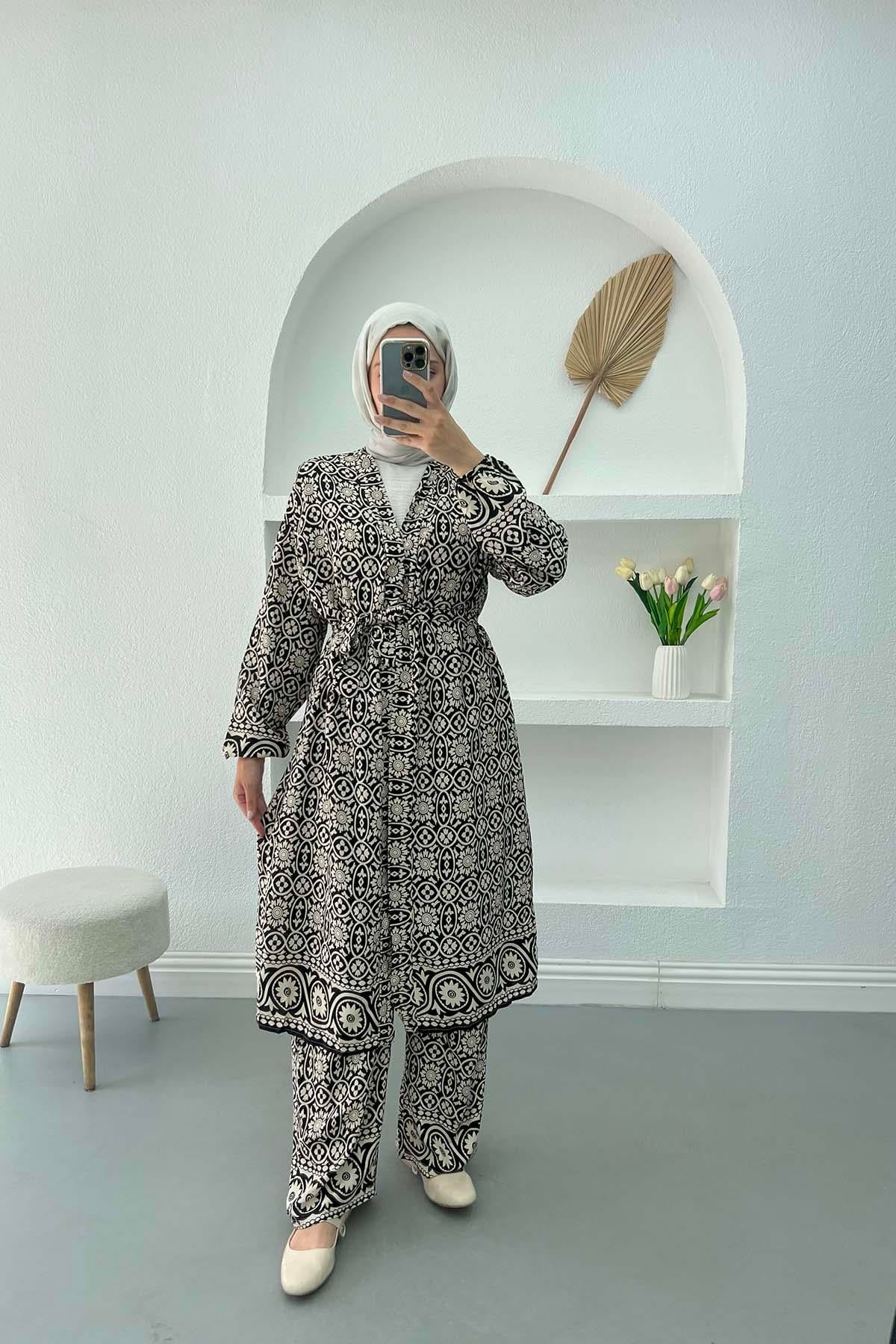Desenli Kimono Takım Siyah