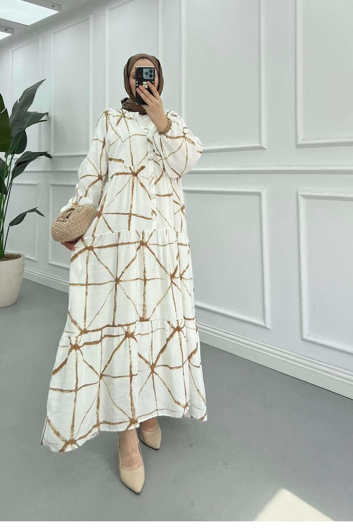 Desenli Mango Elbise Beyaz-Kahve