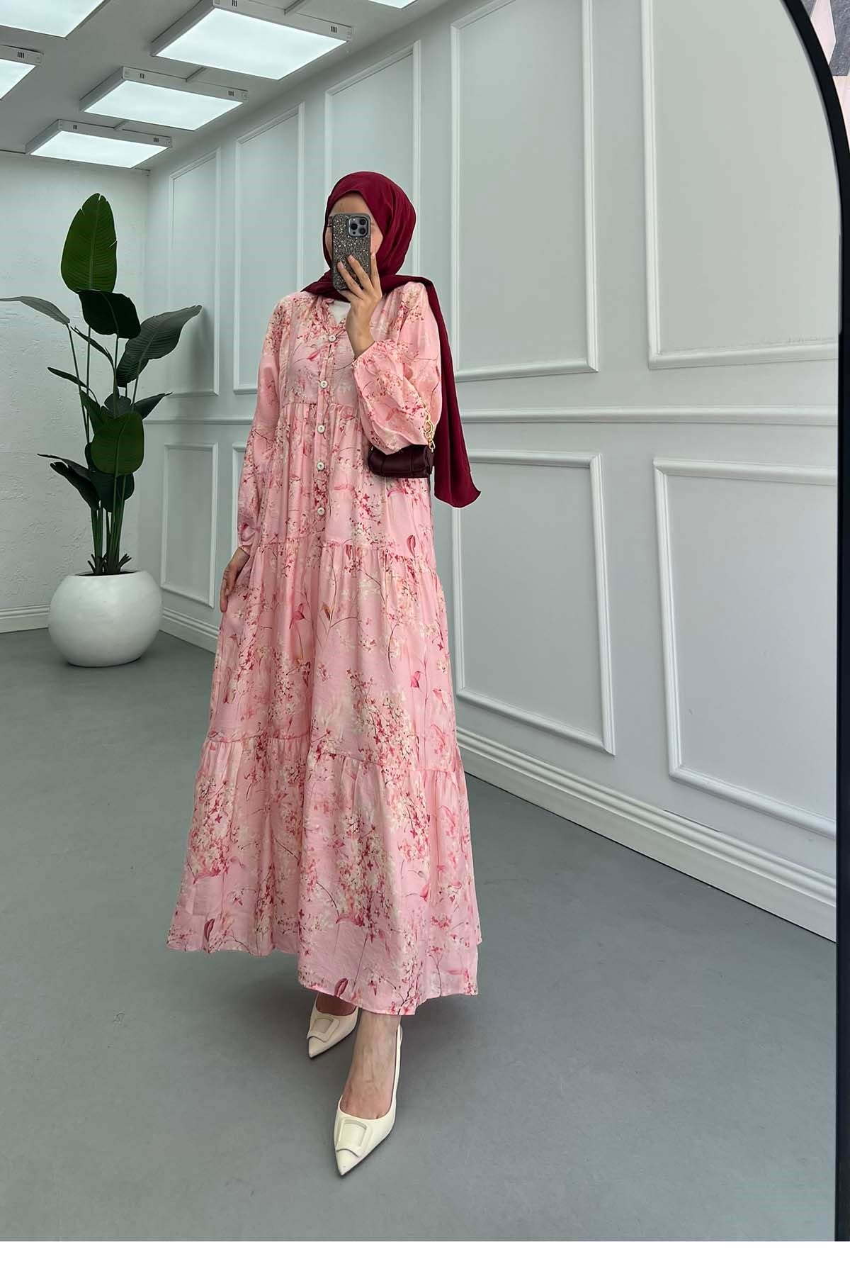 Desenli Mango Elbise Pembe
