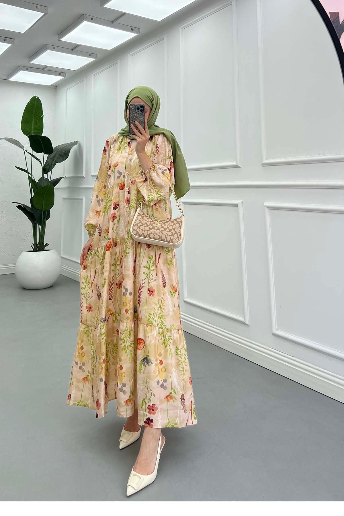 Desenli Mango Elbise Pudra