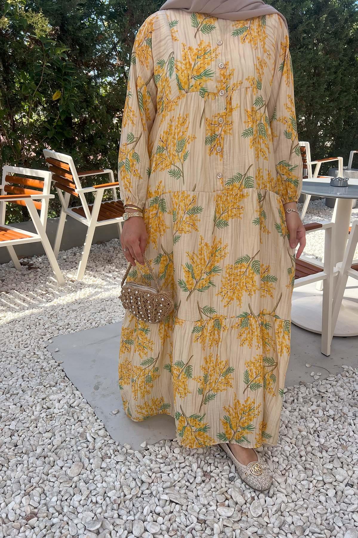 Desenli Mango Elbise Sarı