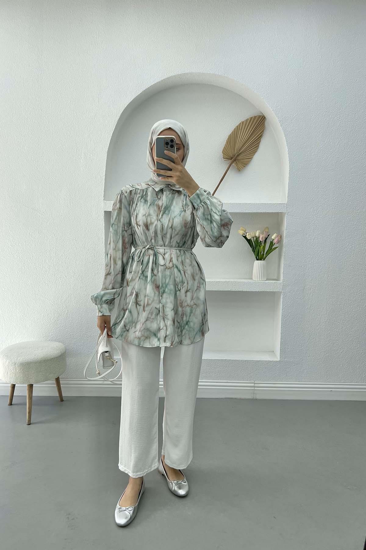 Desenli Saten Bluz Yeşil