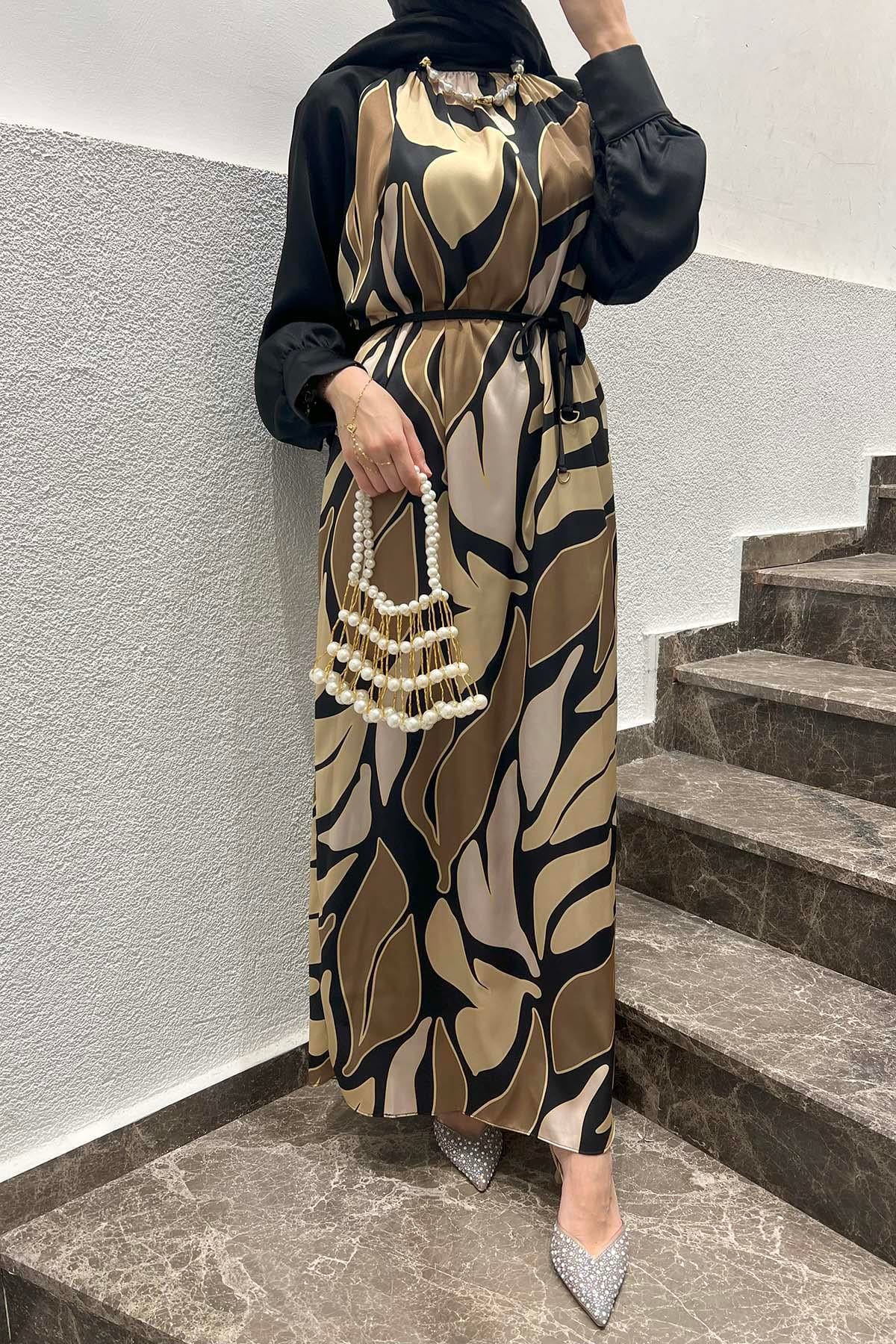 Desenli Saten Elbise Gold