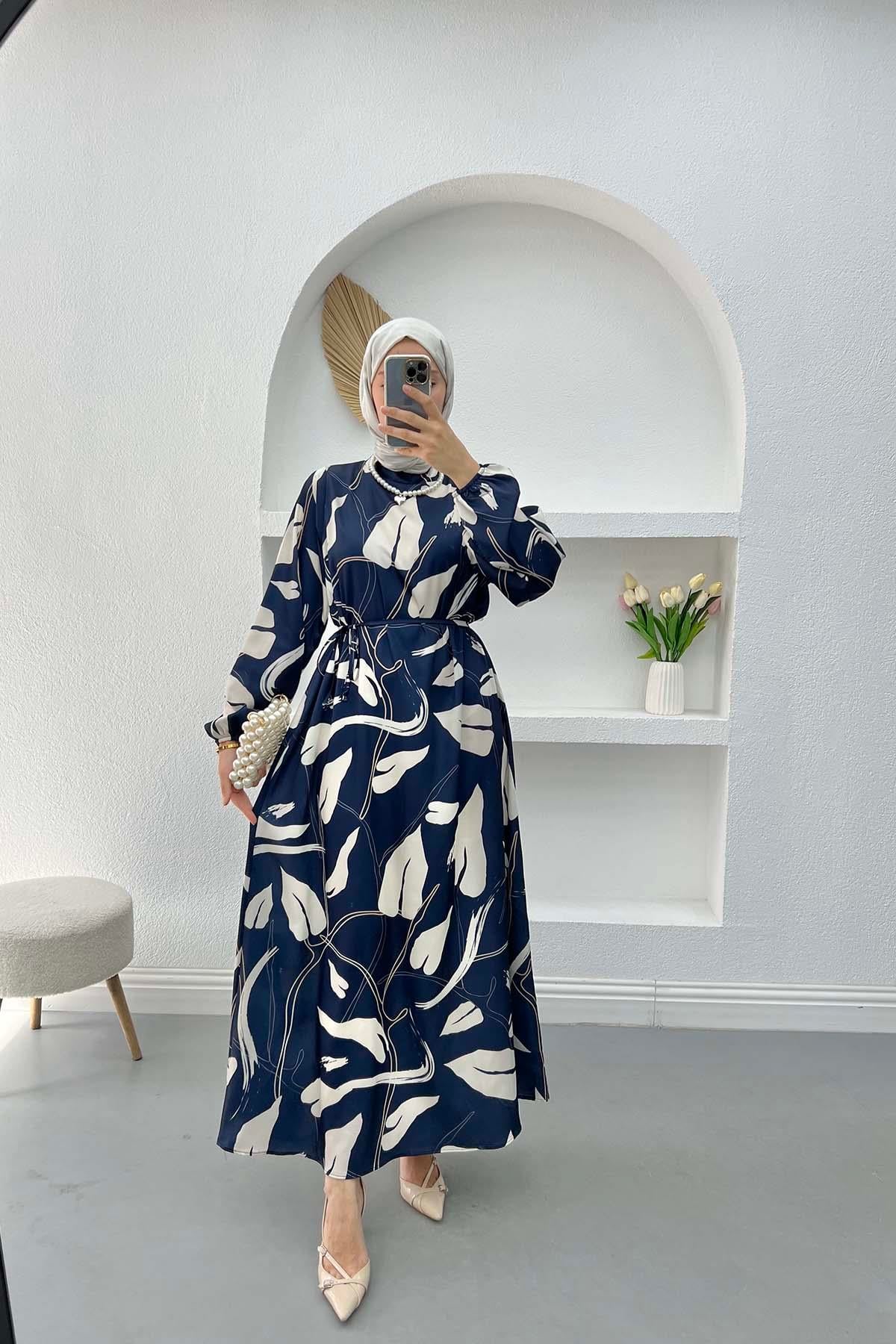 Desenli Saten Elbise Lacivert