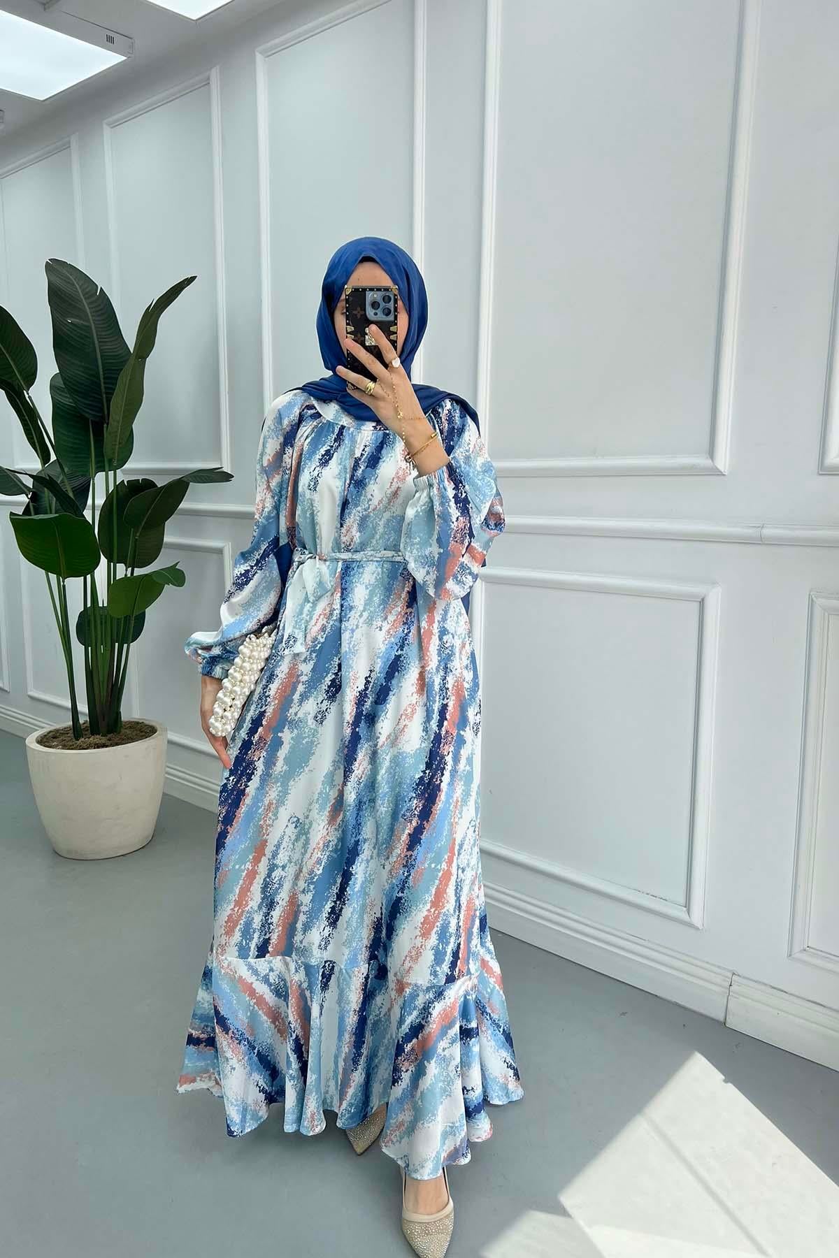 Desenli Saten Elbise Mavi
