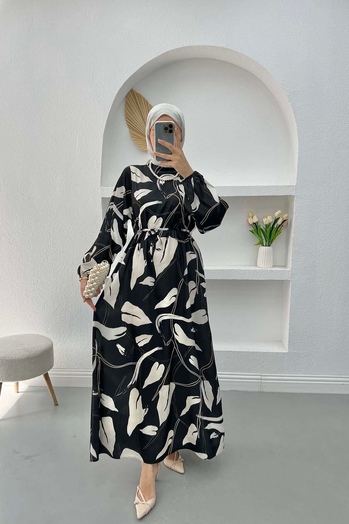 Desenli Saten Elbise Siyah
