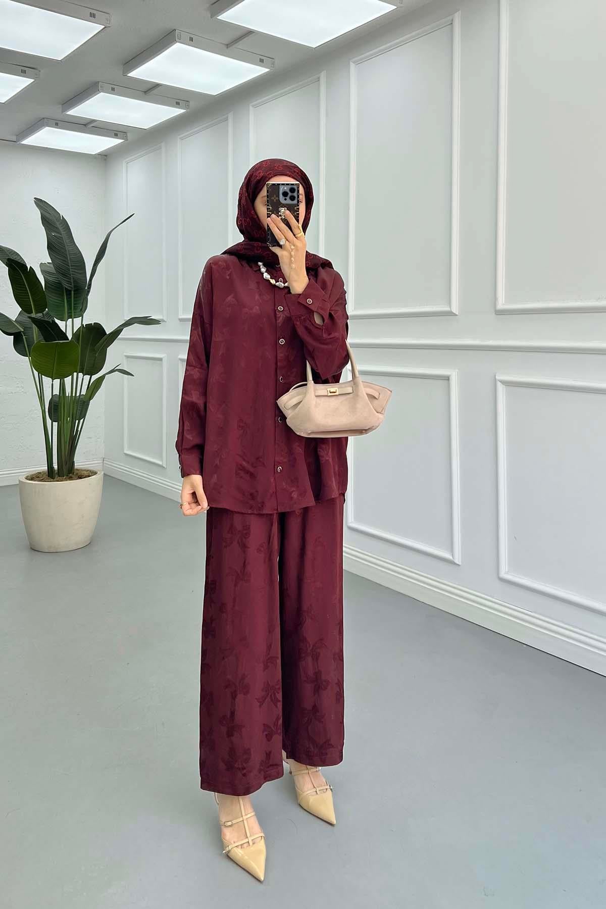 Desenli Saten Takım Bordo