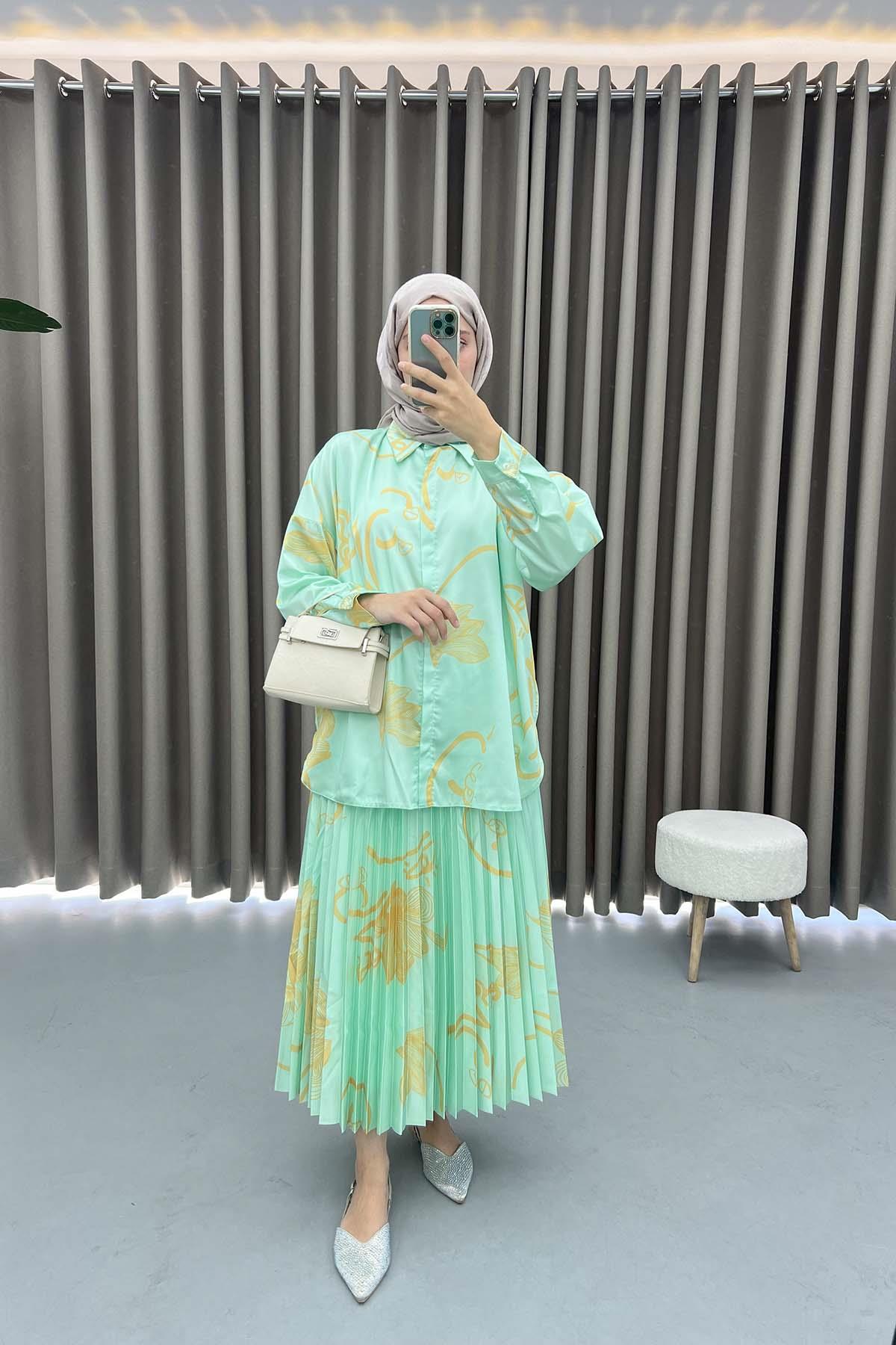 Desenli Saten Takım Mint Yeşili