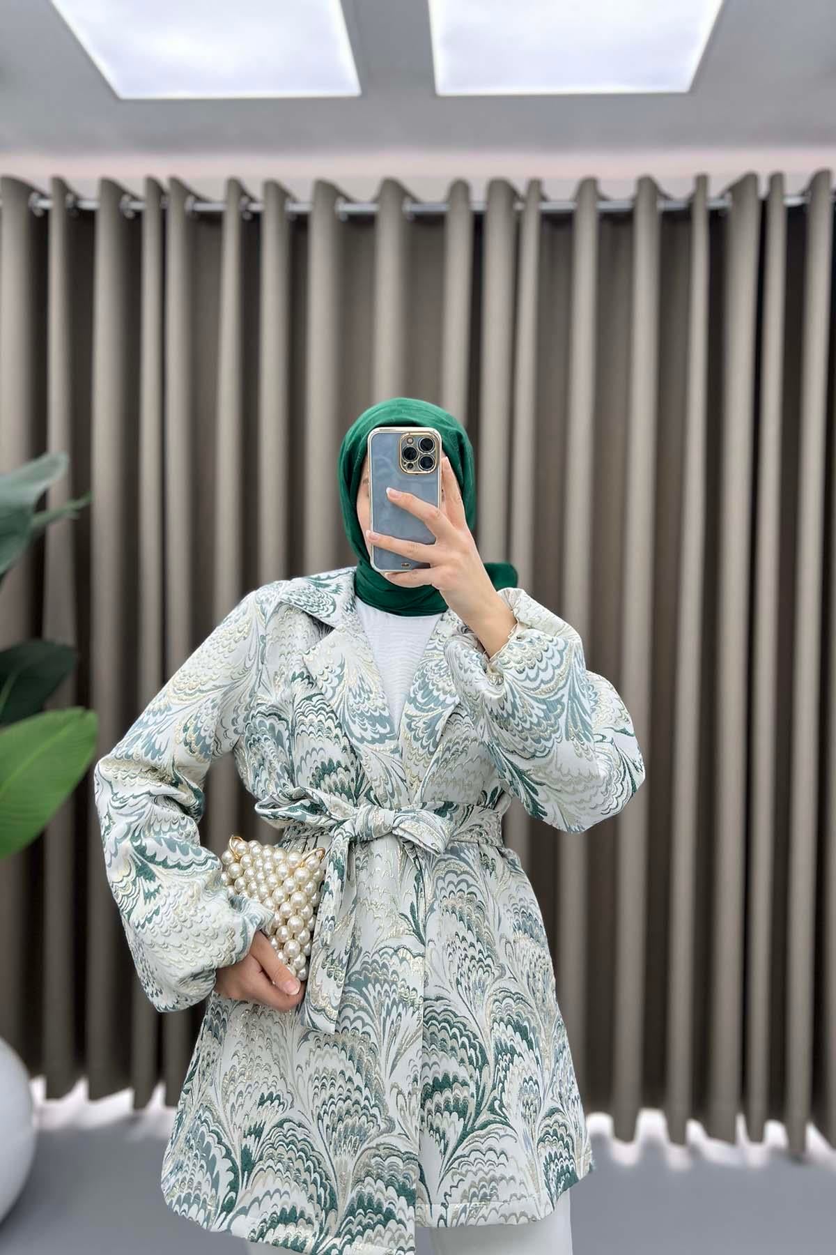 Desenli Simli Kimono Zümrüt Yeşili