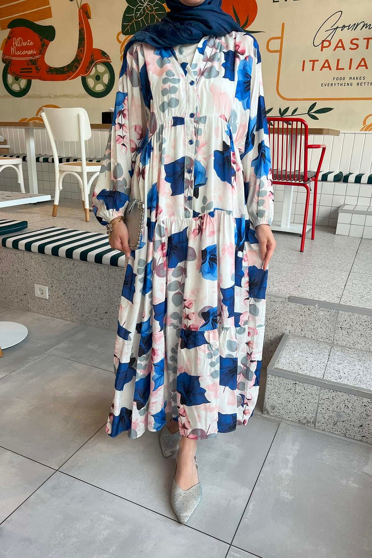Desenli Viskon Elbise Koyu Mavi