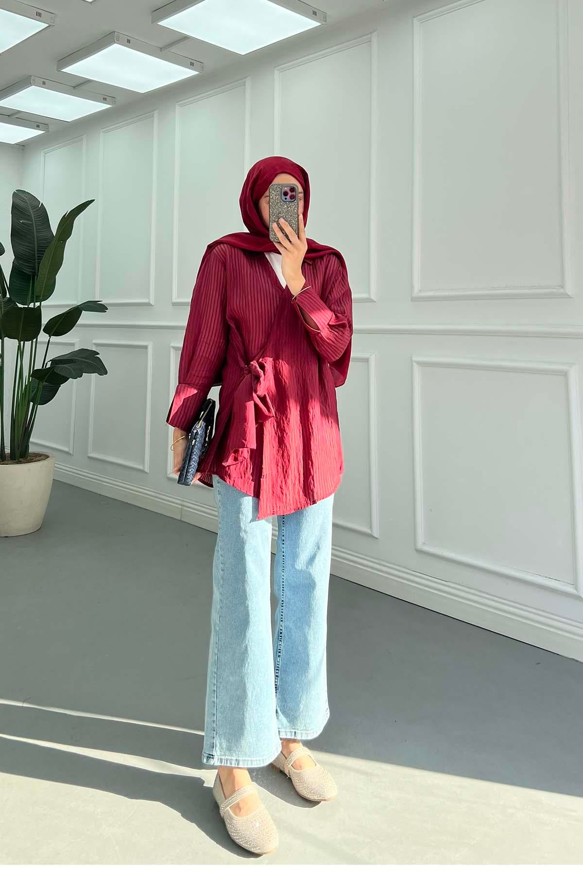 Dik Çizgili Krinkıl Dokulu Bağlamalı  Kimono Bordo