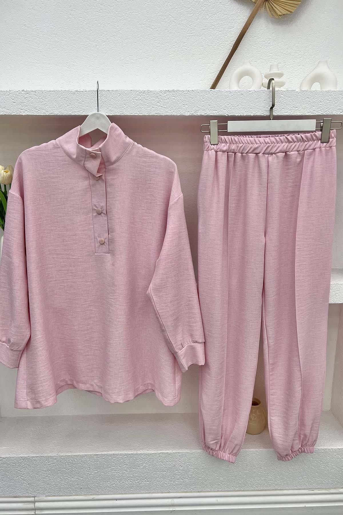 Dik Yaka Pantolon Takım Pembe