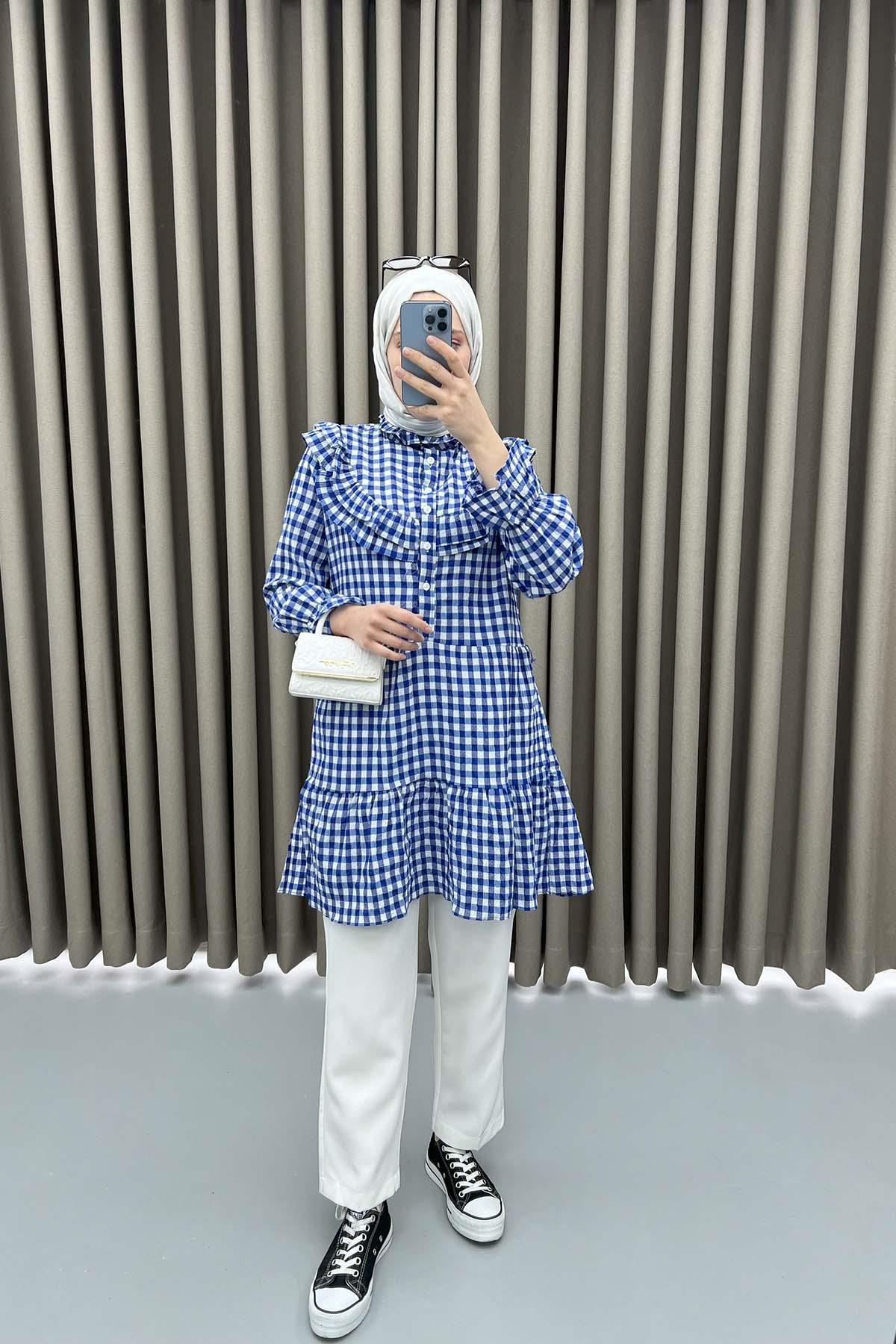 Dik Yaka Pötikare Tunik Mavi