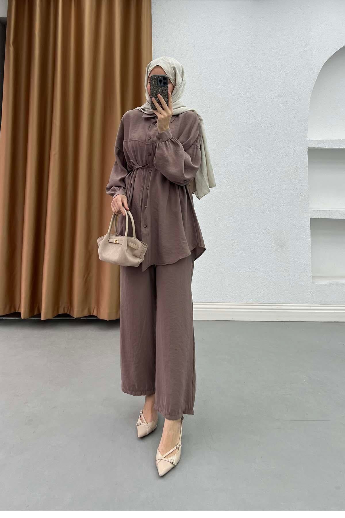 Doğal Dokulu Oversize Modal Gömlek Takım Vizon