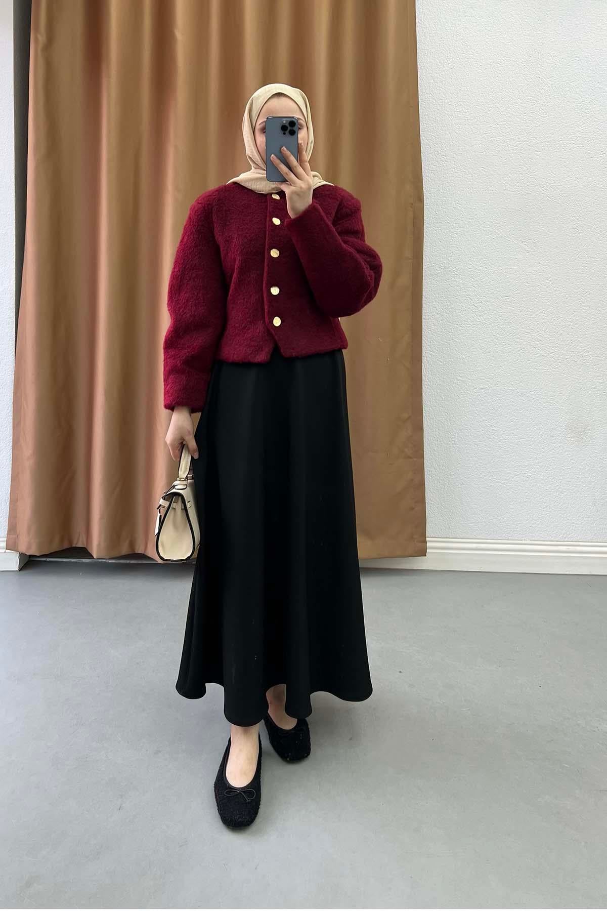 Dore Düğmeli Vintage Tüylü Yakasız Astarlı Ceket Kırmızı