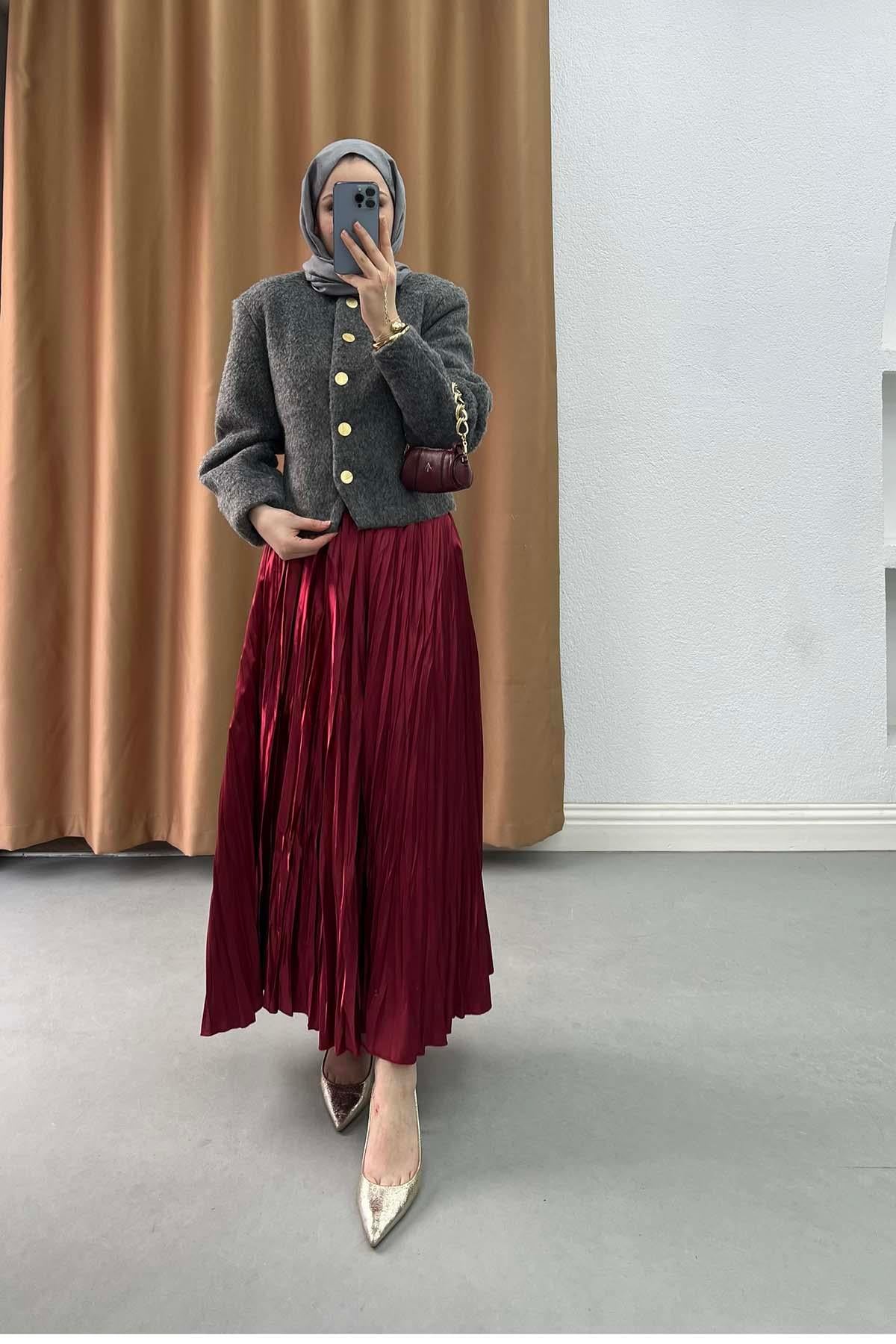 Dore Düğmeli Vintage Tüylü Yakasız Astarlı Ceket Gri