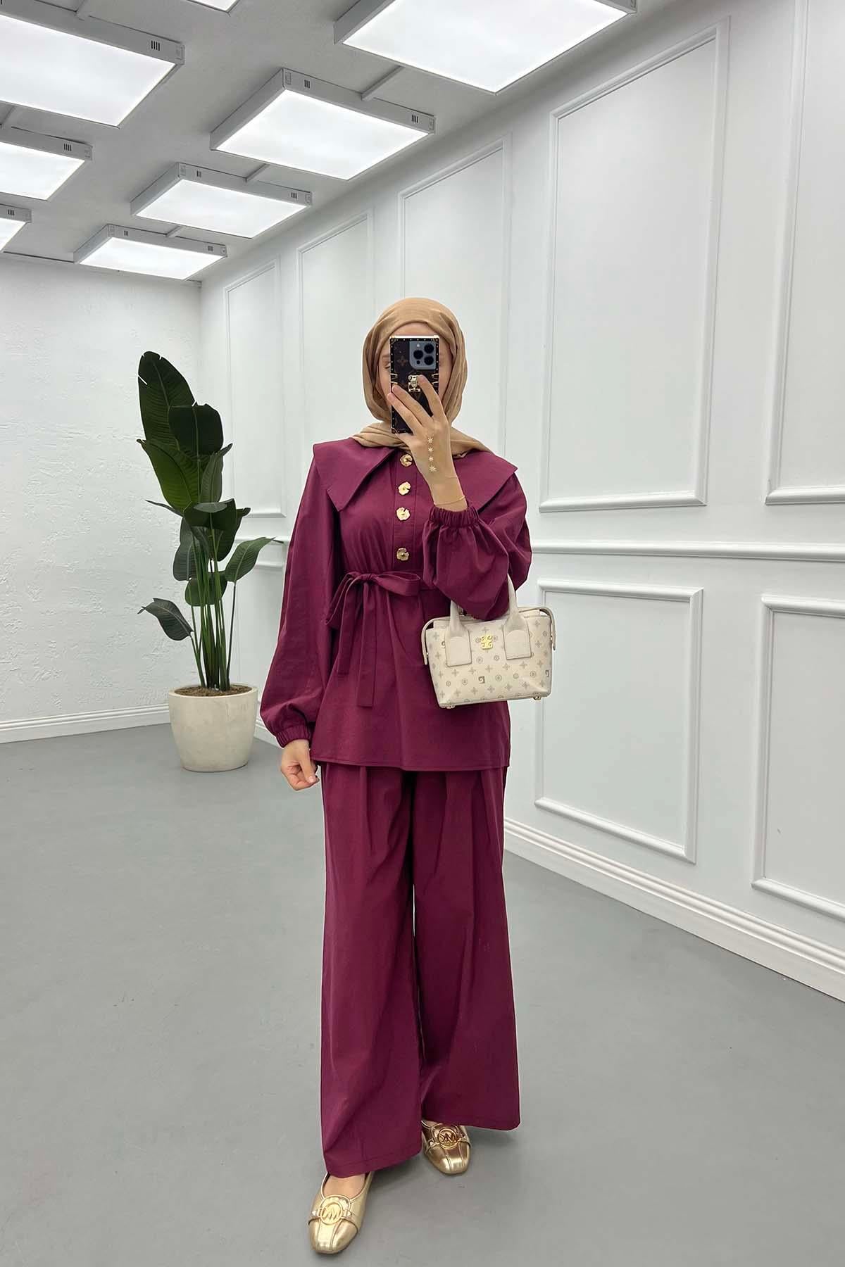 Düğme Detaylı Bebe Yaka Pantolon Takım Bordo