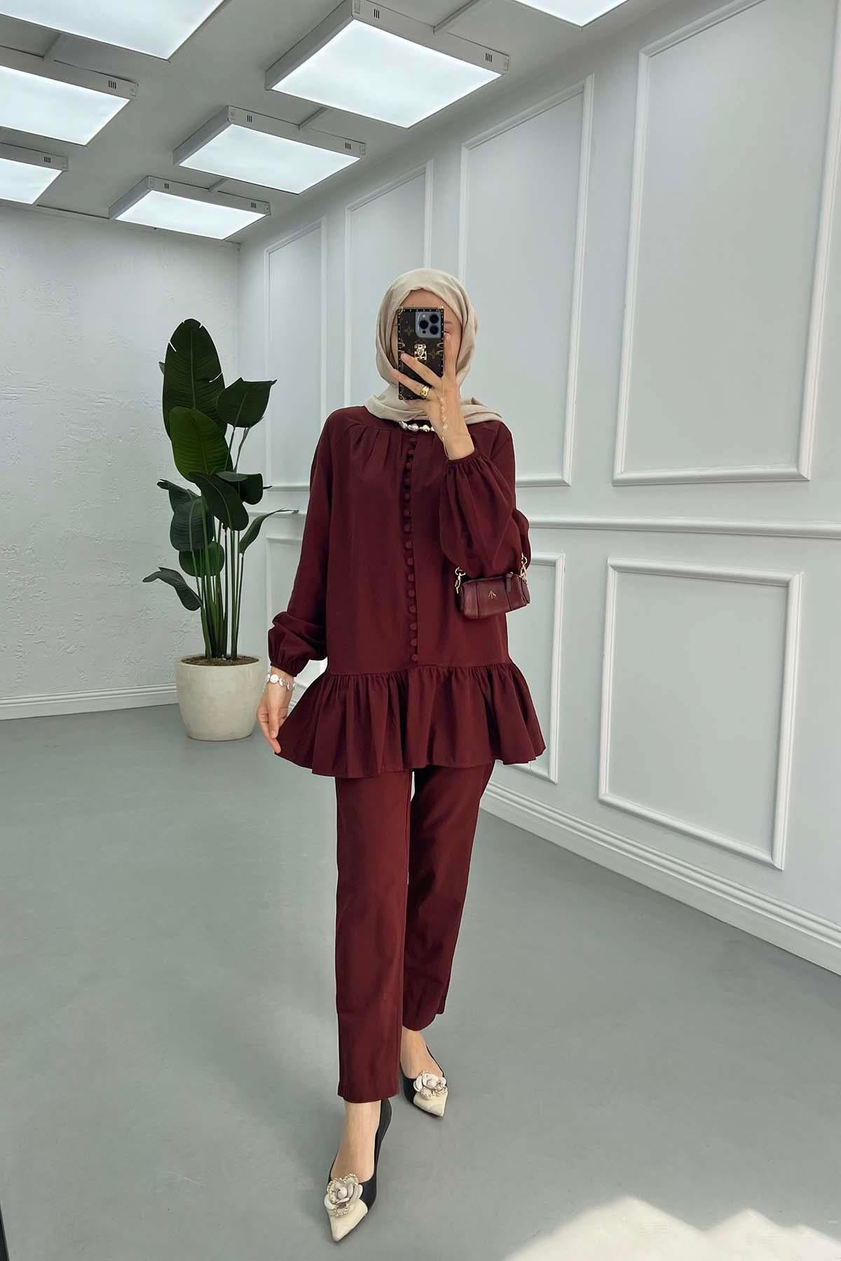 Düğme Detaylı Kolu Lastikli Takım Bordo