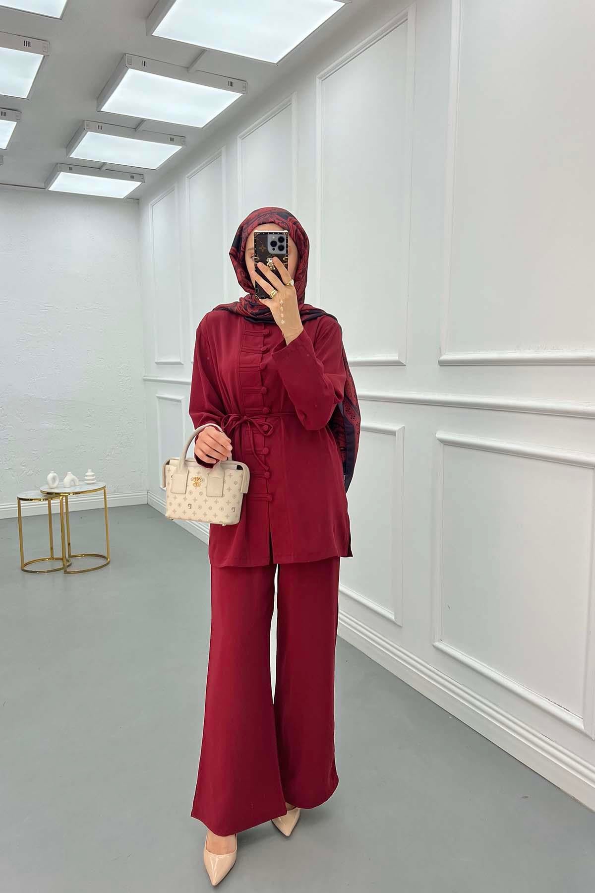 Düğme Detaylı Pantolon Takım Bordo