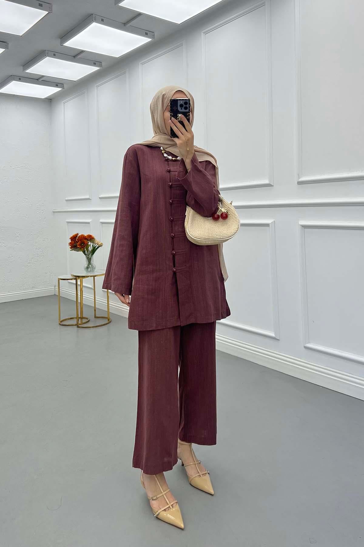 Düğme Detaylı Pantolon Takım Mürdüm