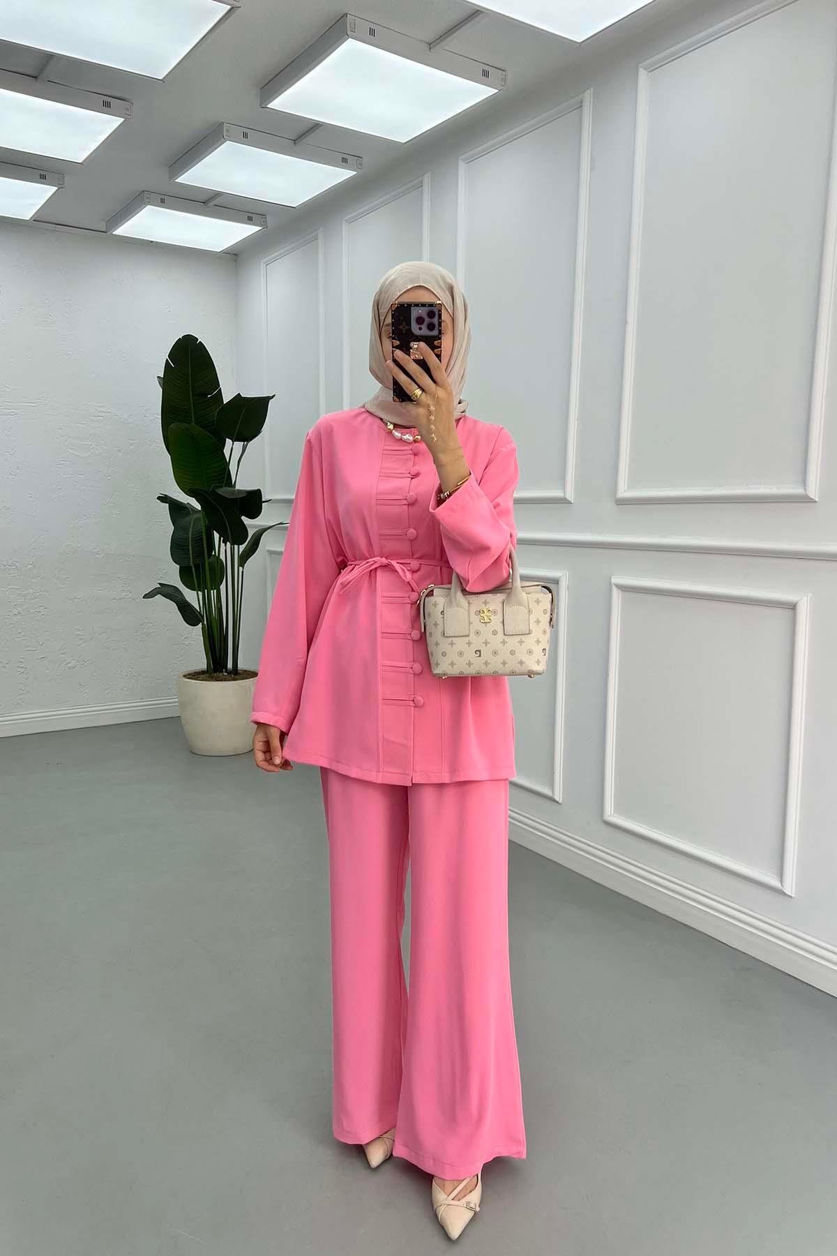 Düğme Detaylı Pantolon Takım Pembe