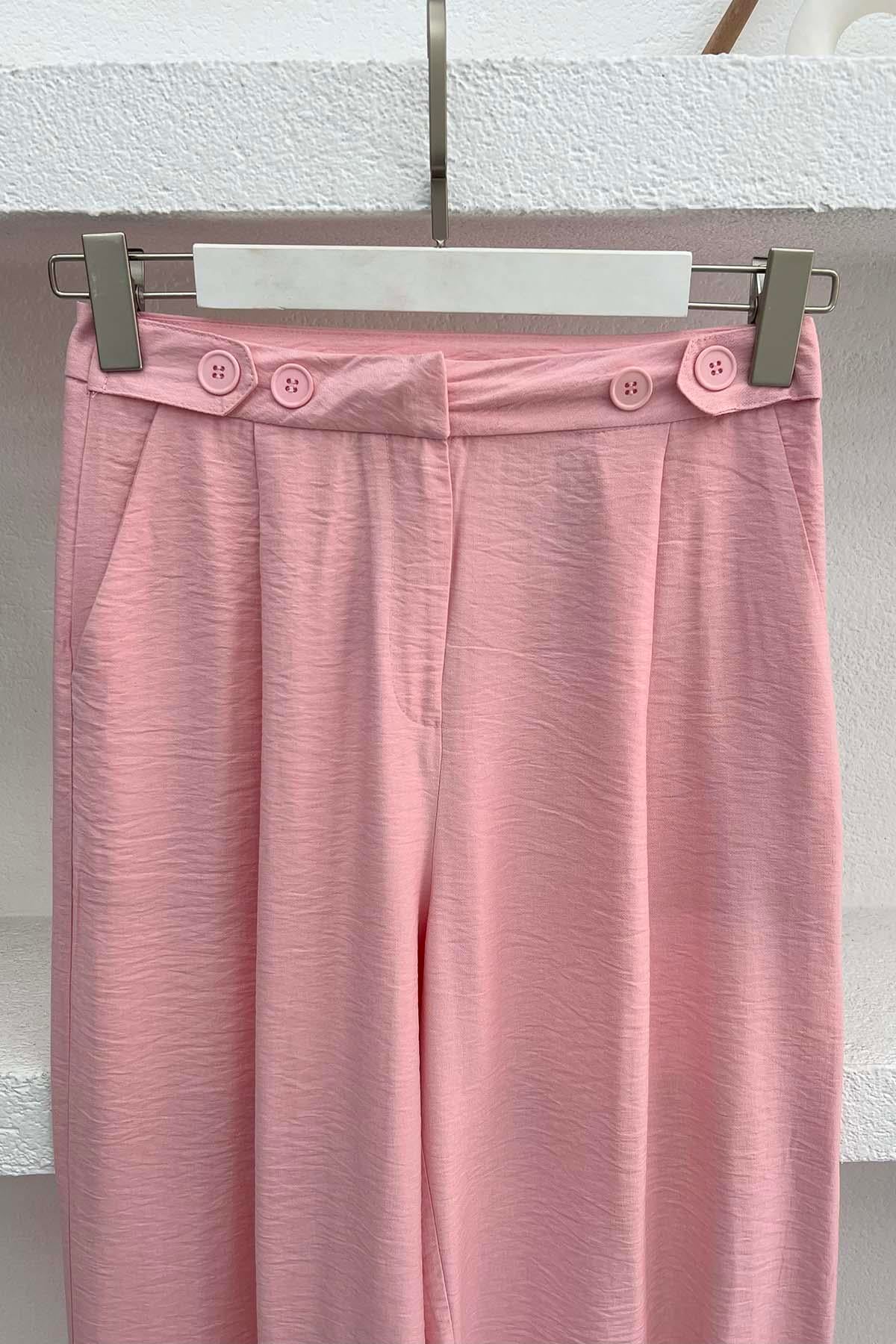 Düğme Detaylı Pensli Pantolon Pembe