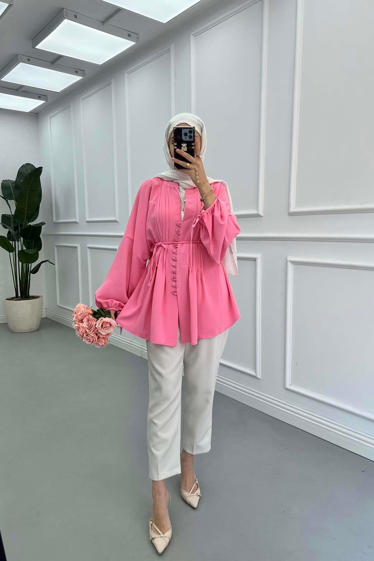 Düğme Detaylı Piliseli Gömlek Pembe