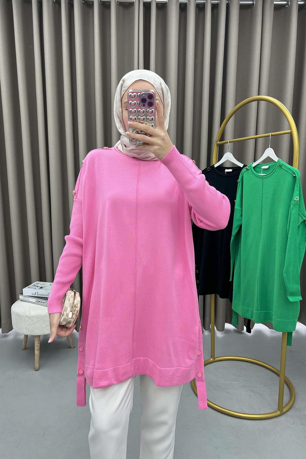 Düğme Detaylı Triko Kazak Pembe