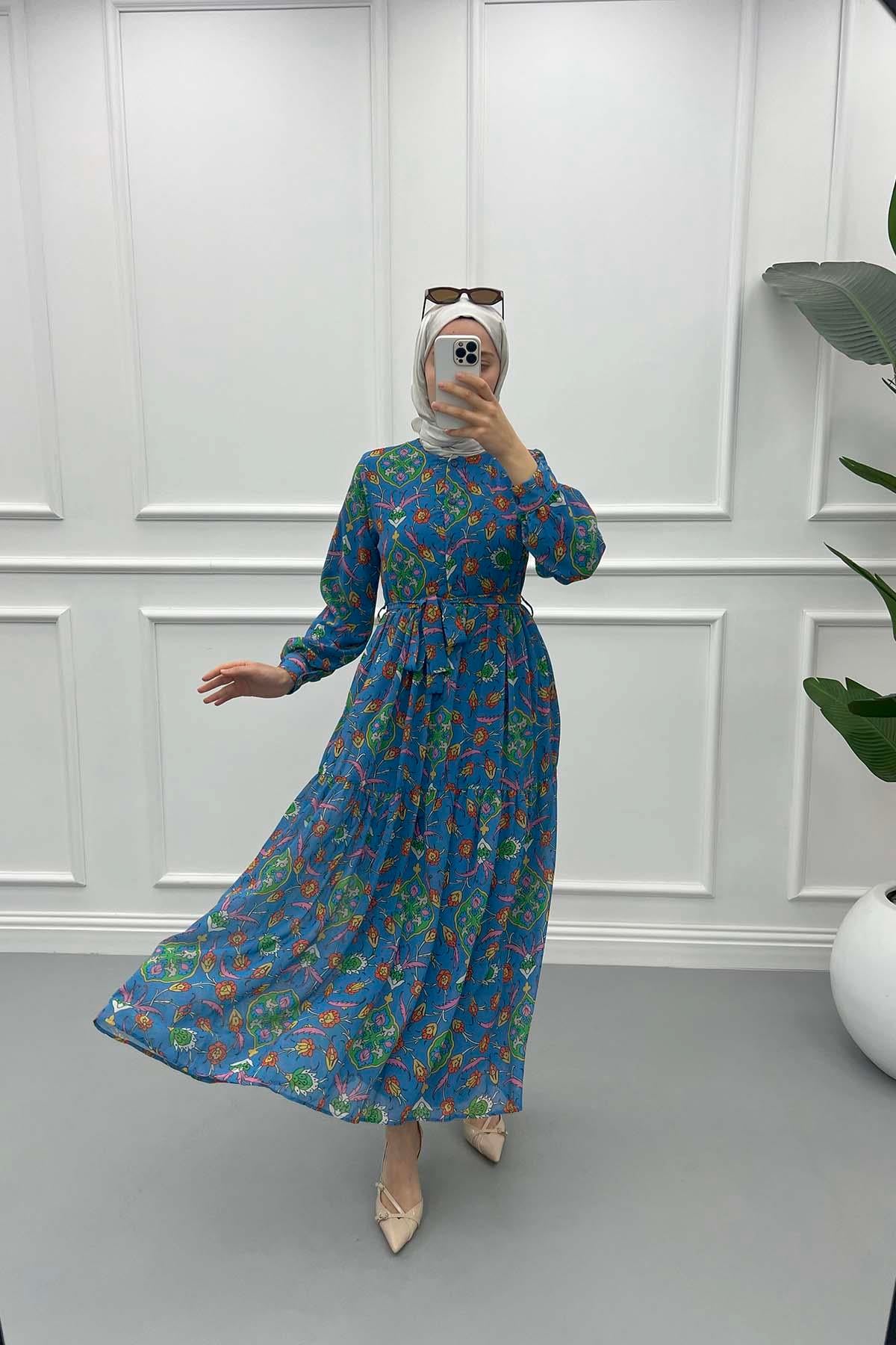 Düğmeli Astarlı Elbise Mavi