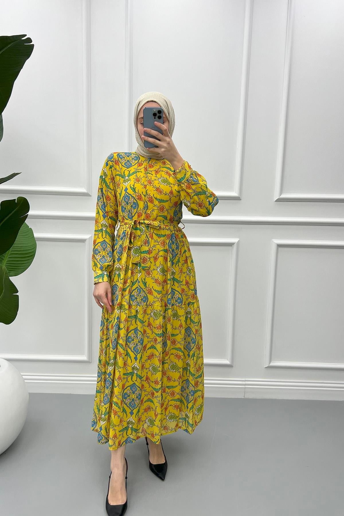 Düğmeli Astarlı Elbise Sarı