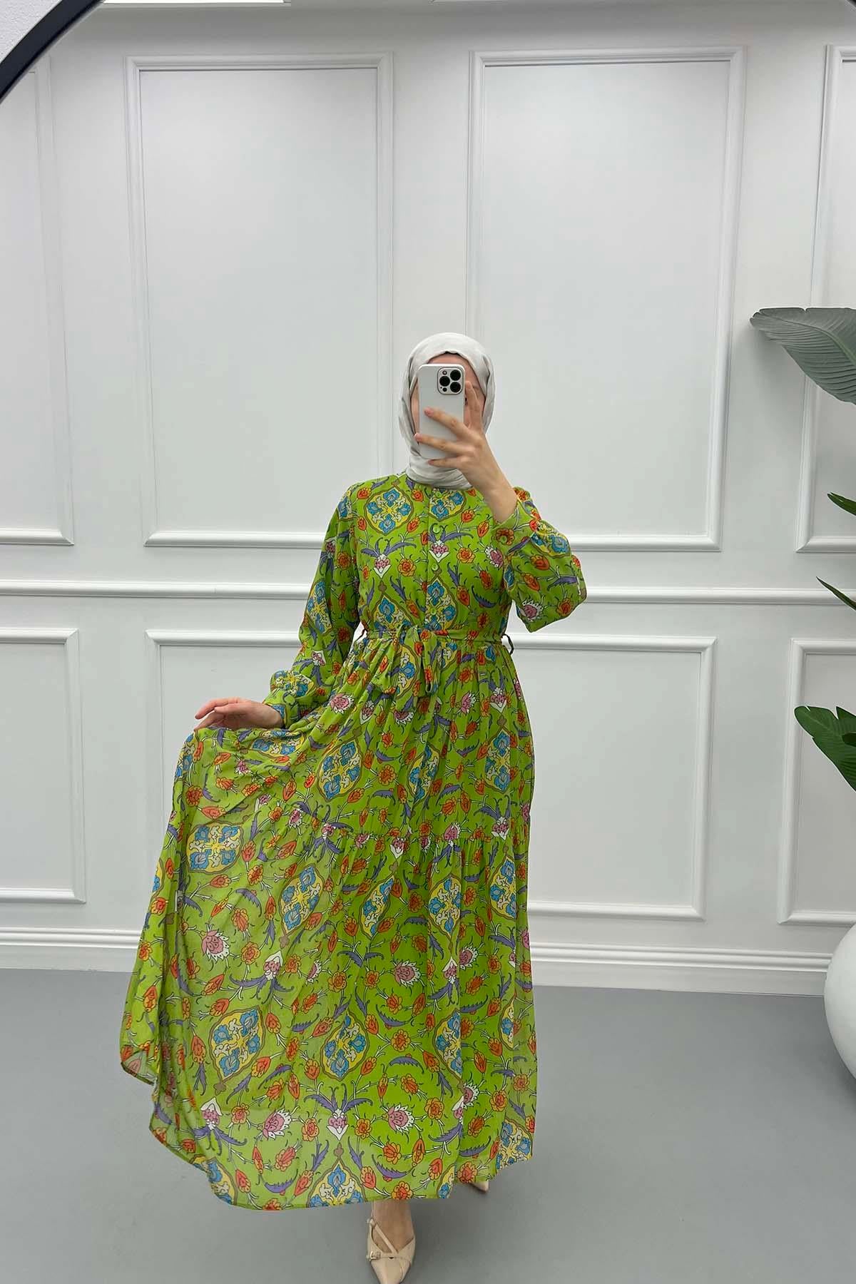 Düğmeli Astarlı Elbise Yeşil