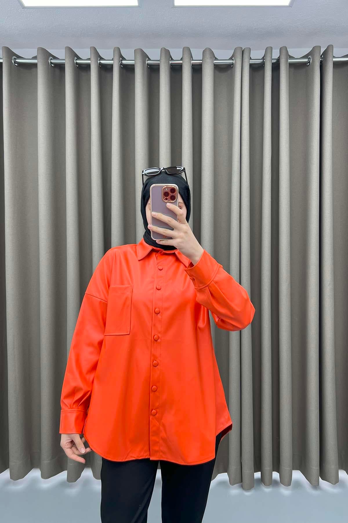 Düğmeli Deri Ceket Turuncu